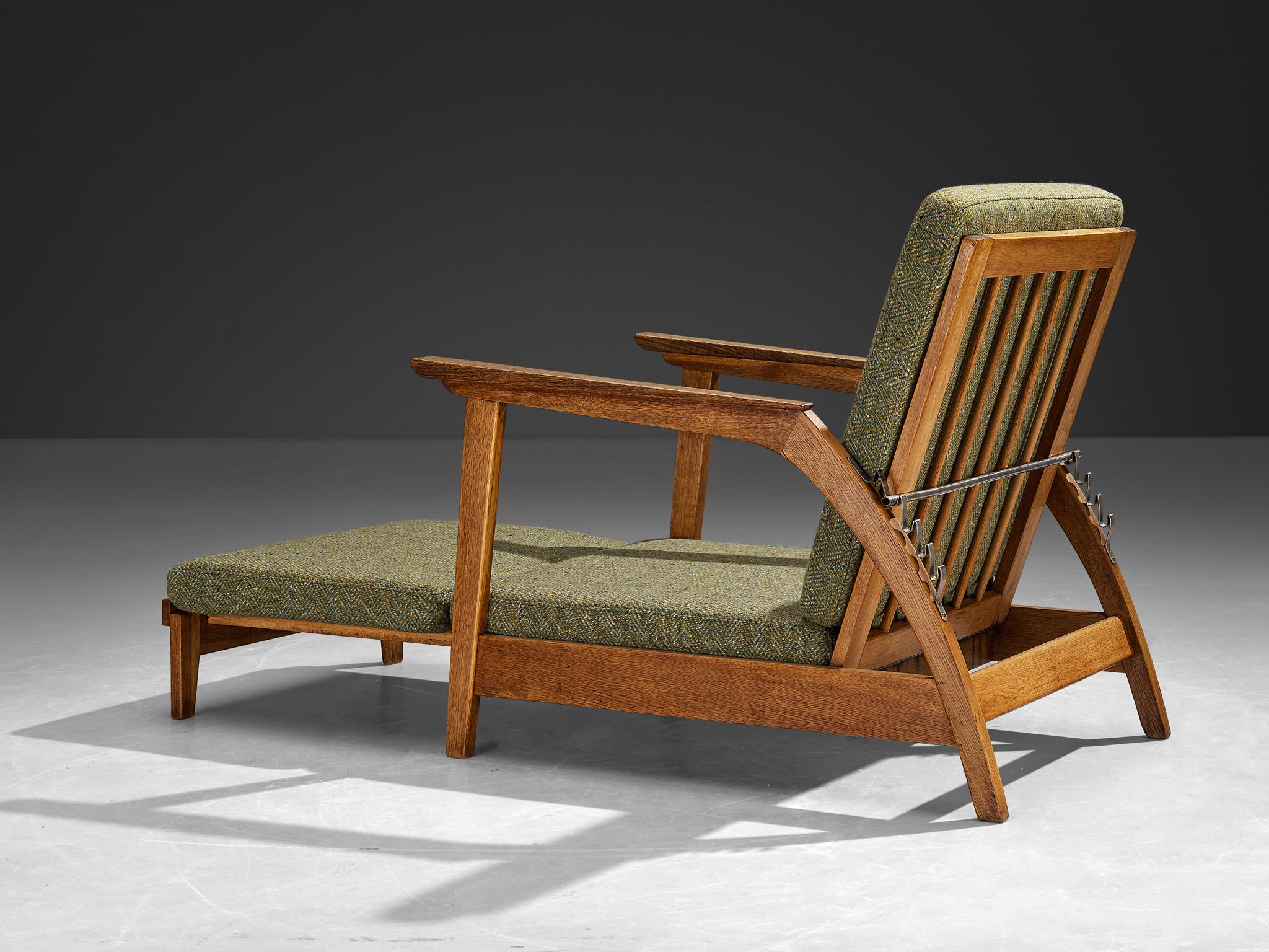 1950s Scandinavian Adjustable Chaise Longue in Solid Oak and Green Wool seating Morentz