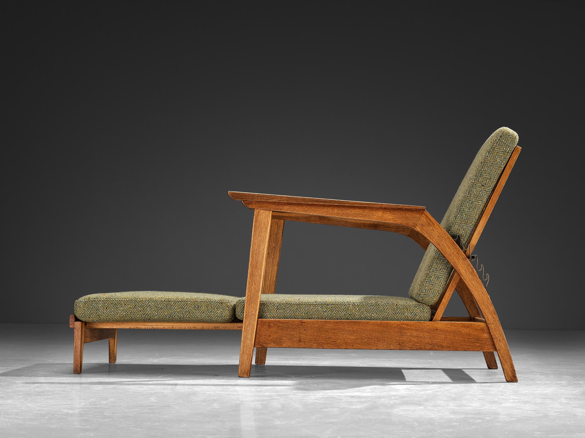 1950s Scandinavian Adjustable Chaise Longue in Solid Oak and Green Wool seating Morentz