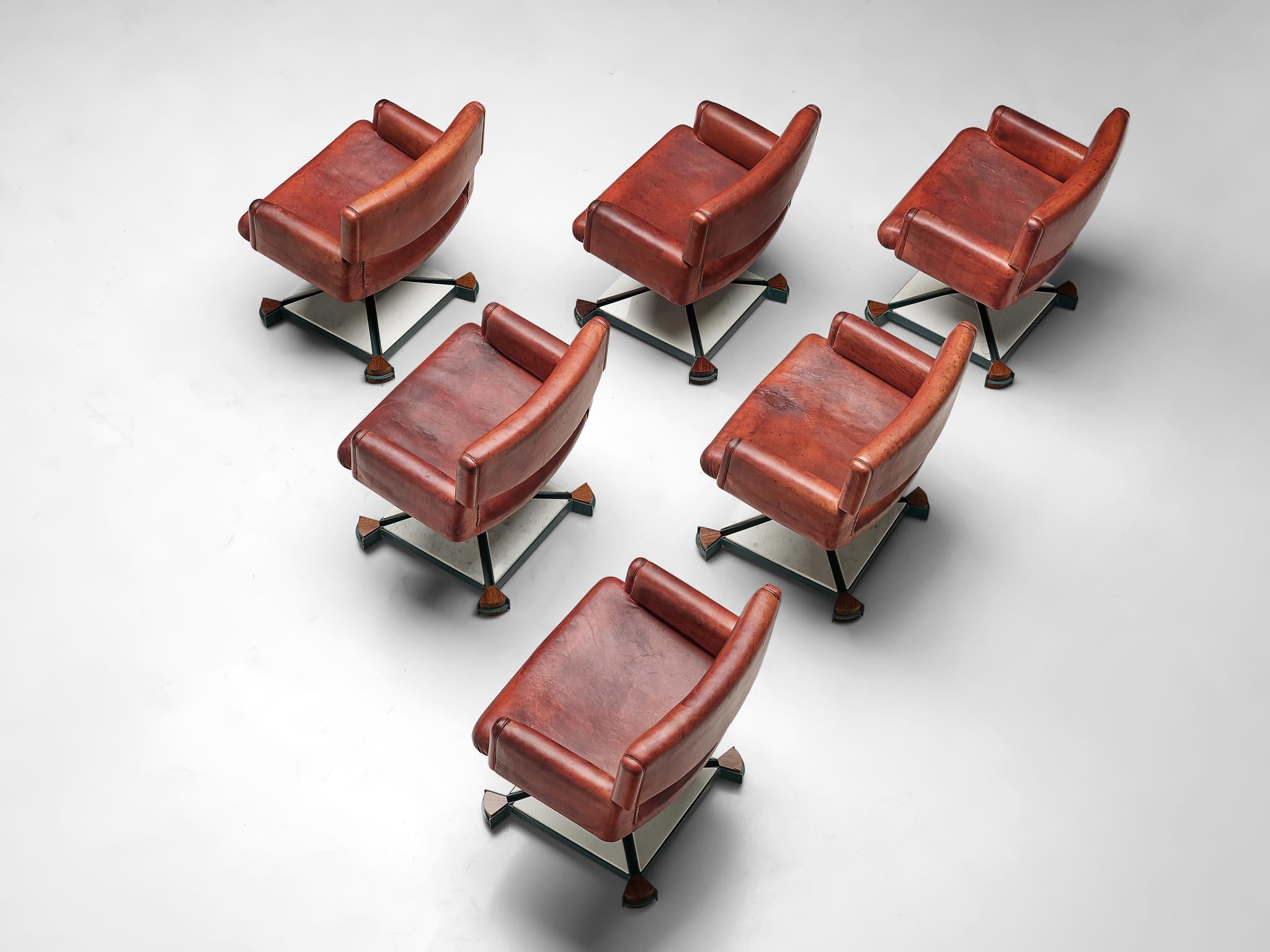 Italian Set of Six Armchairs in Marble and Red Leather seating Morentz