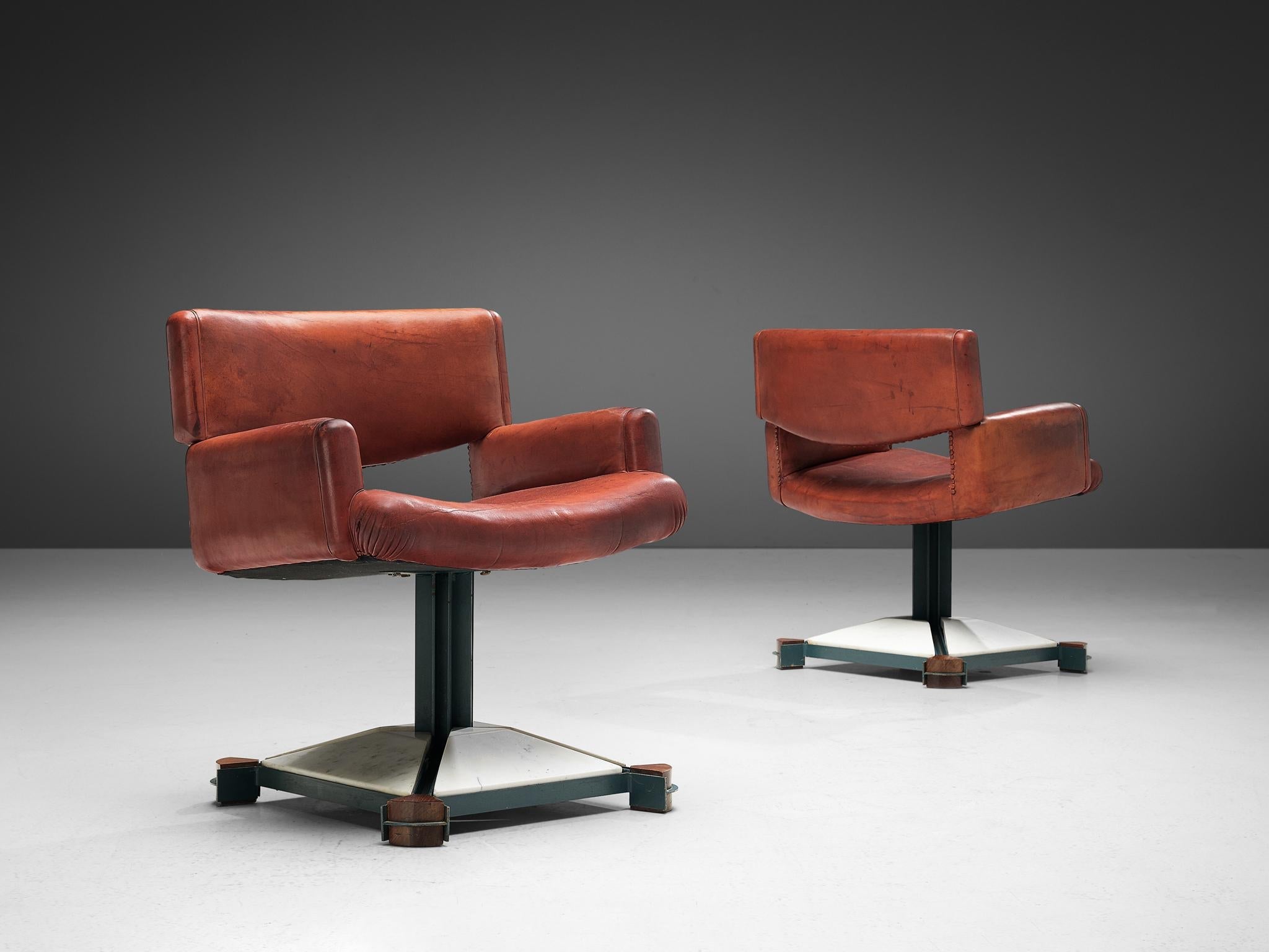 Italian Pair of Armchairs in Marble and Red Leather seating Morentz