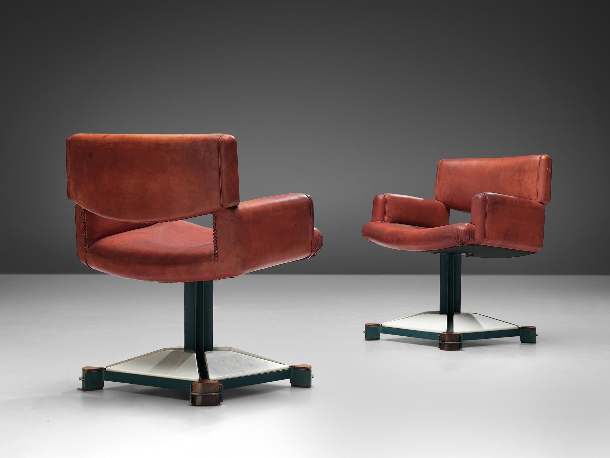 Italian Pair of Armchairs in Marble and Red Leather seating Morentz
