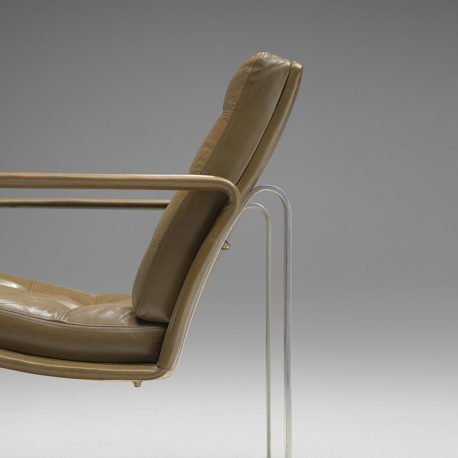 Ole Gjerløv-Knudsen & Torben Lind Lounge Chair in Olive Green Leather Metal seating Morentz