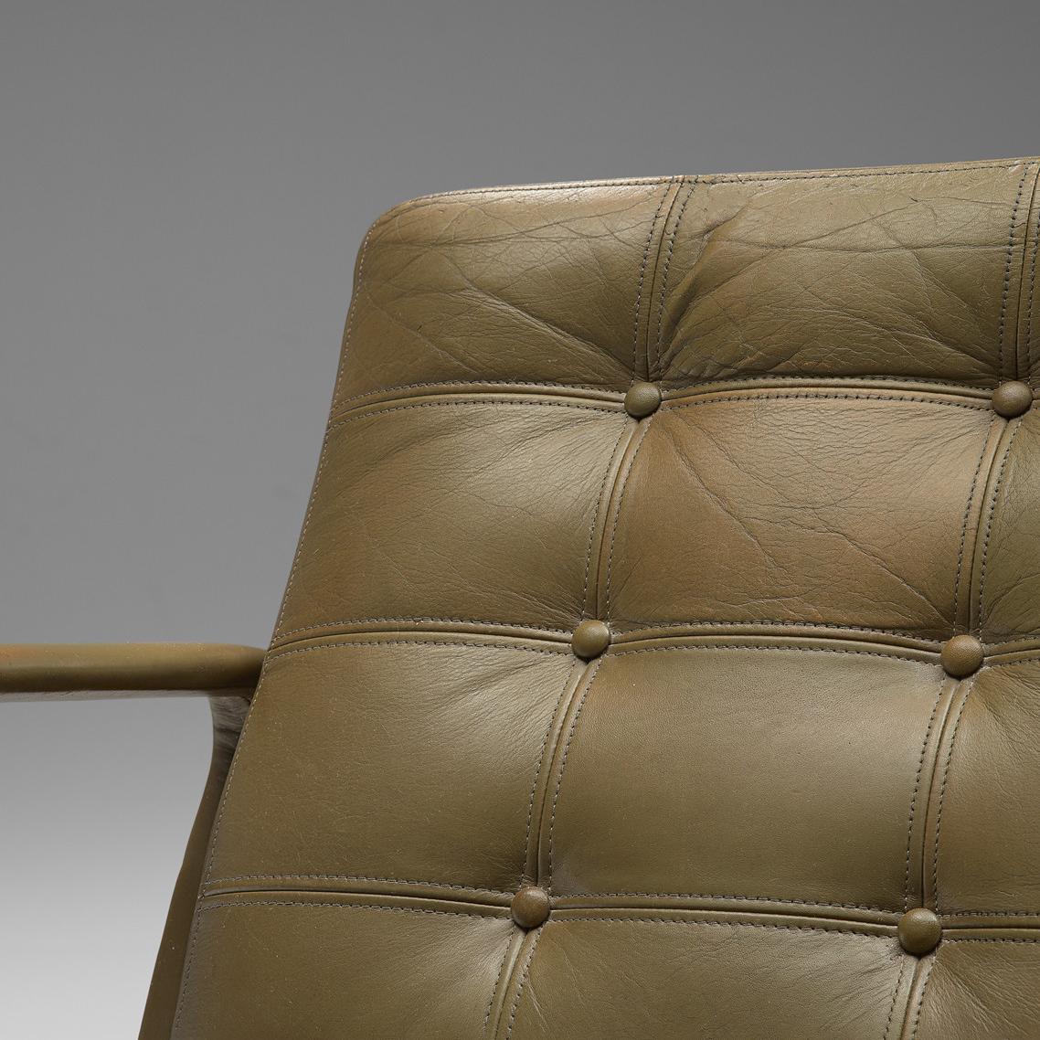 Ole Gjerløv-Knudsen & Torben Lind Lounge Chair in Olive Green Leather Metal seating Morentz