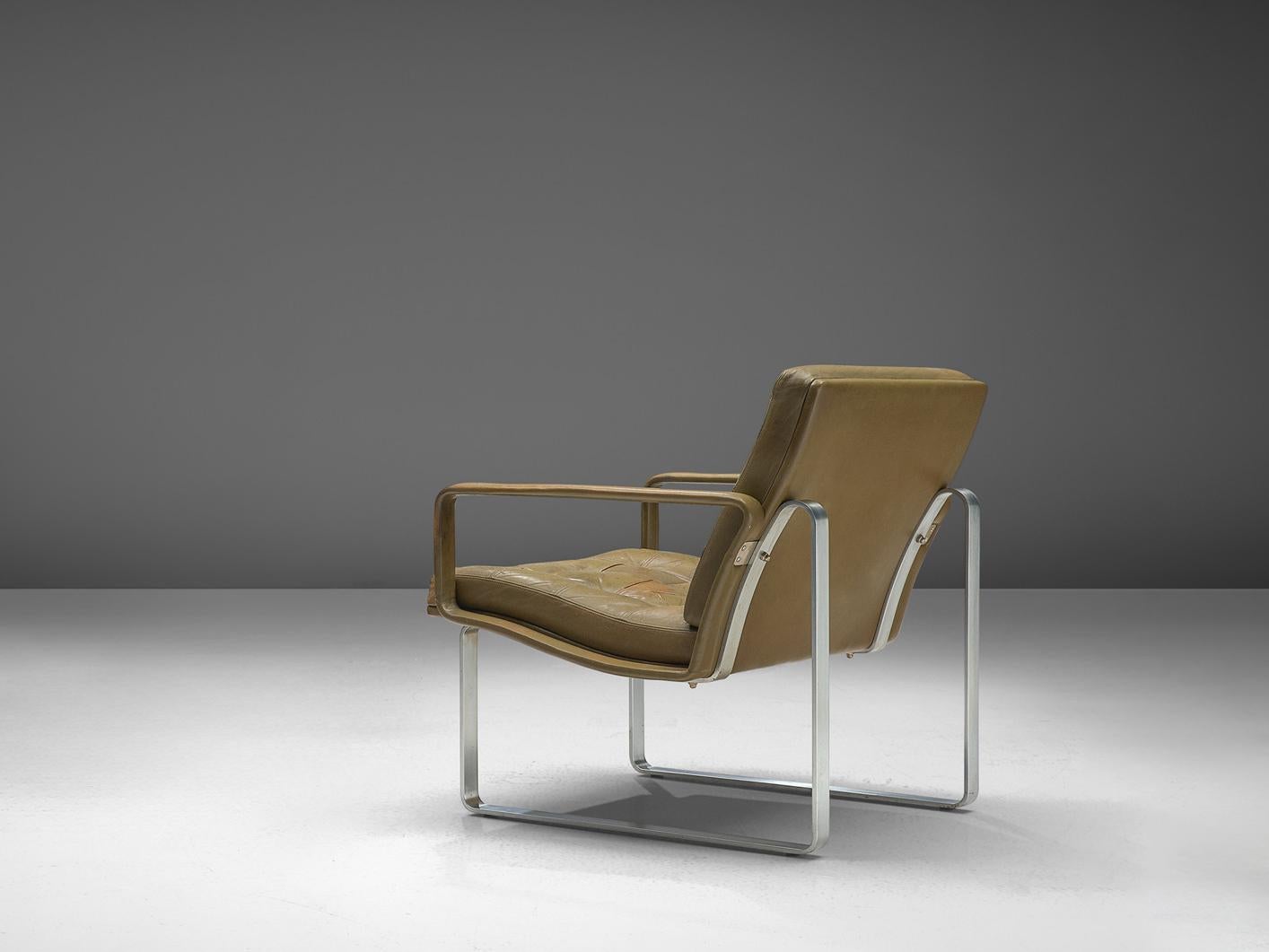 Ole Gjerløv-Knudsen & Torben Lind Lounge Chair in Olive Green Leather Metal seating Morentz
