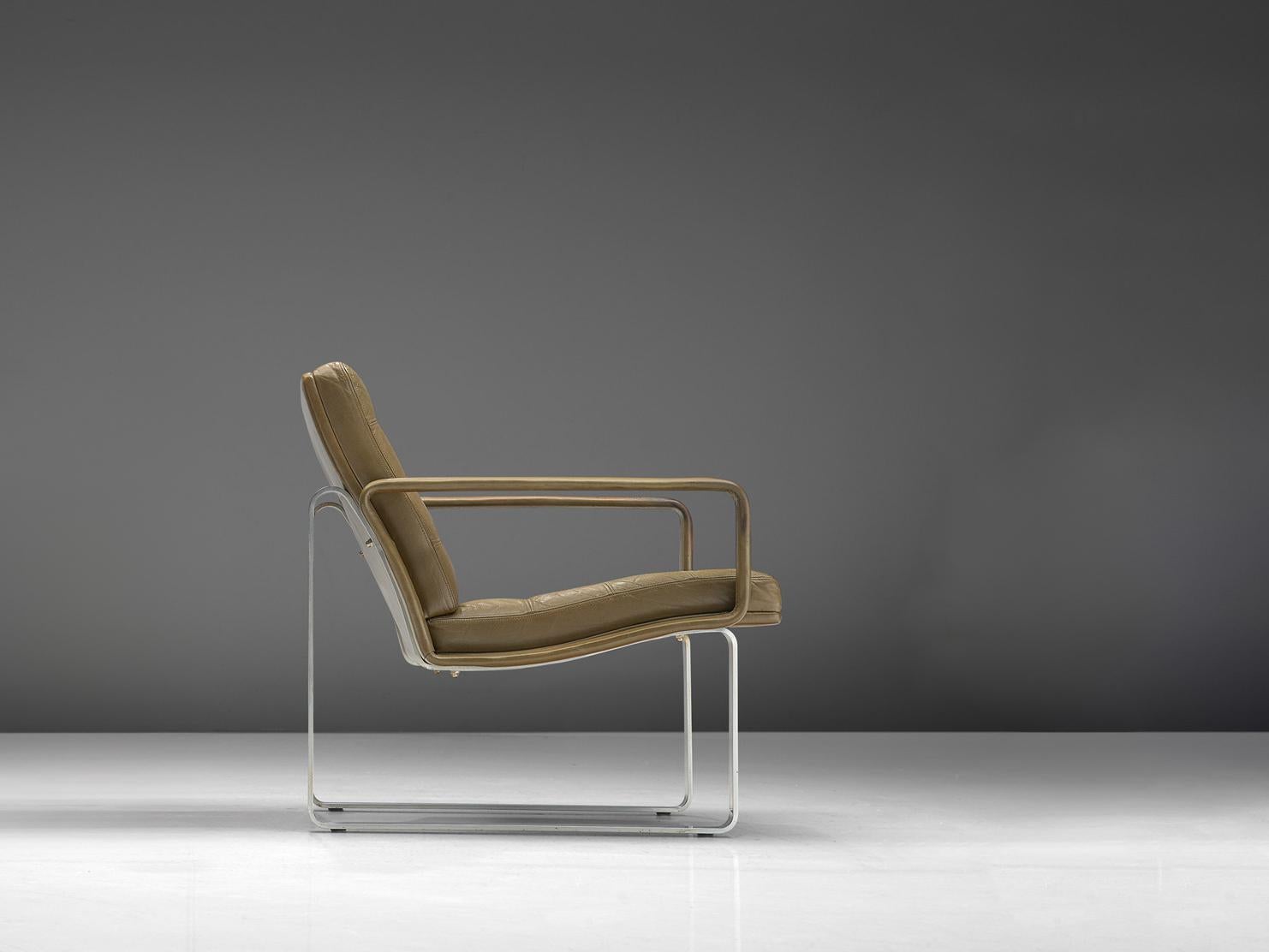 Ole Gjerløv-Knudsen & Torben Lind Lounge Chair in Olive Green Leather Metal seating Morentz