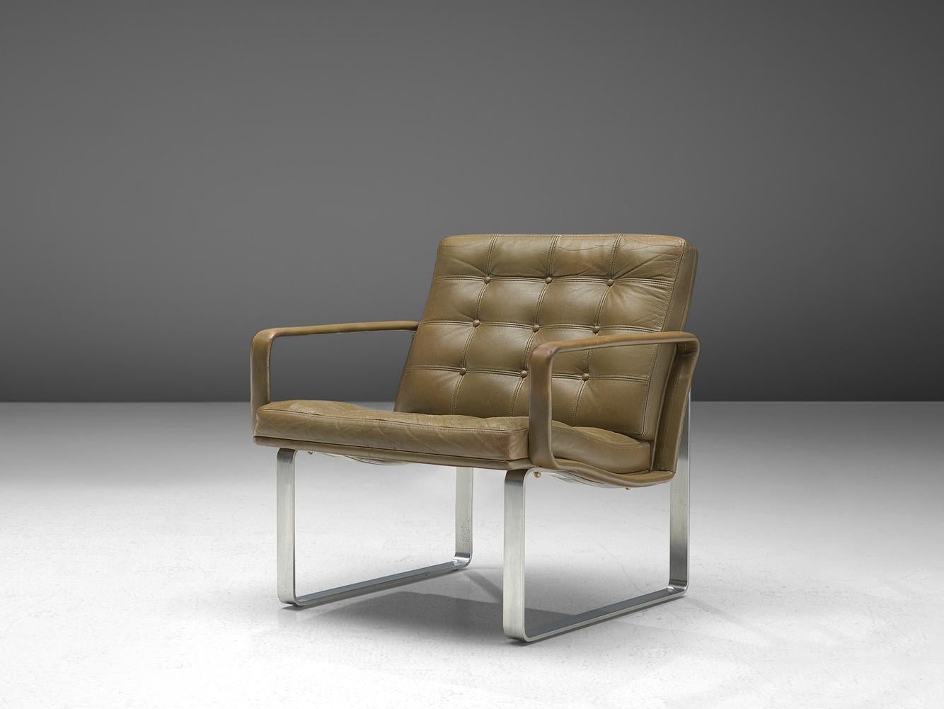 Ole Gjerløv-Knudsen & Torben Lind Lounge Chair in Olive Green Leather Metal seating Morentz