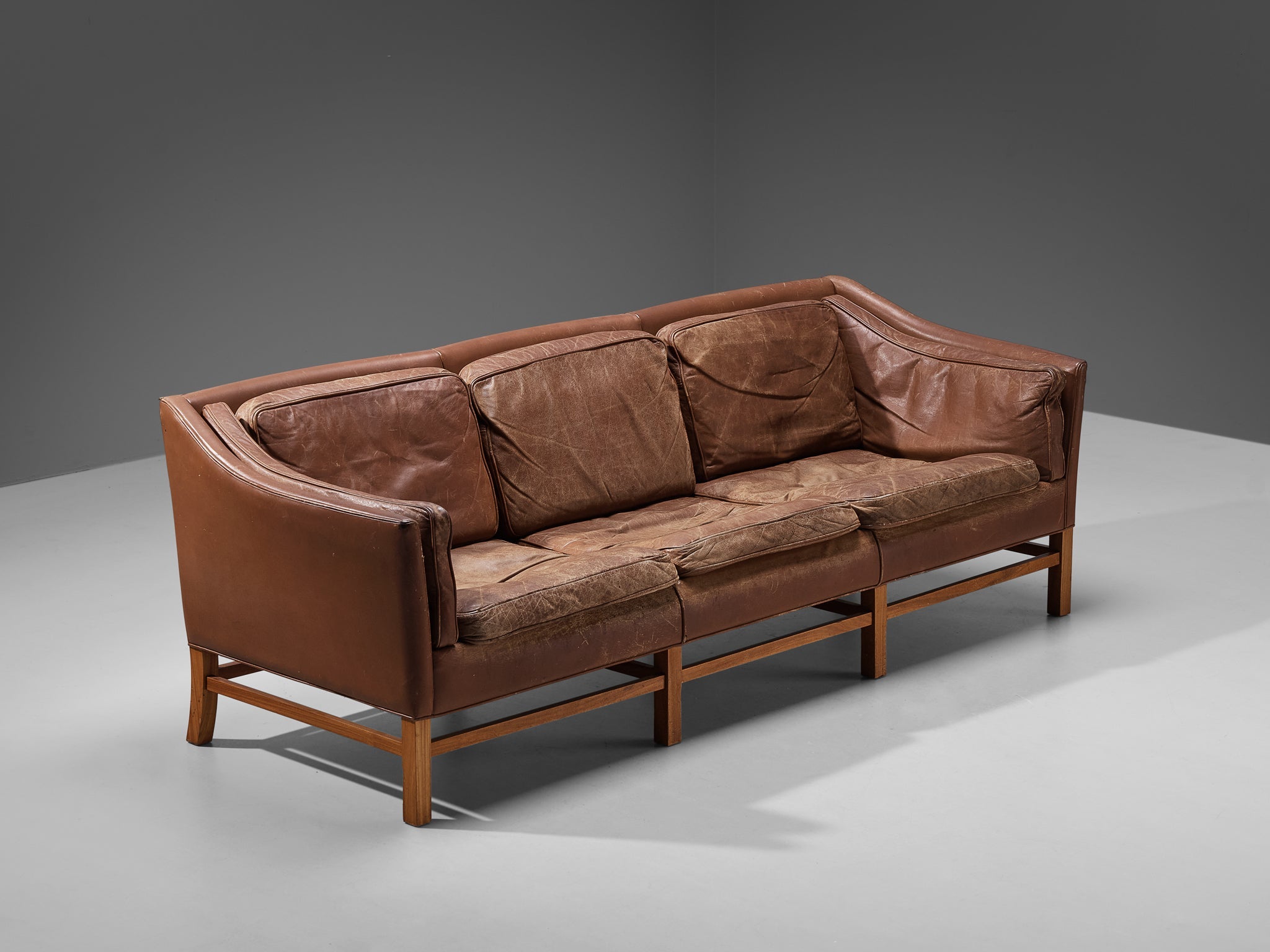 Danish Sofa in Brown Leather and Mahogany seating Morentz