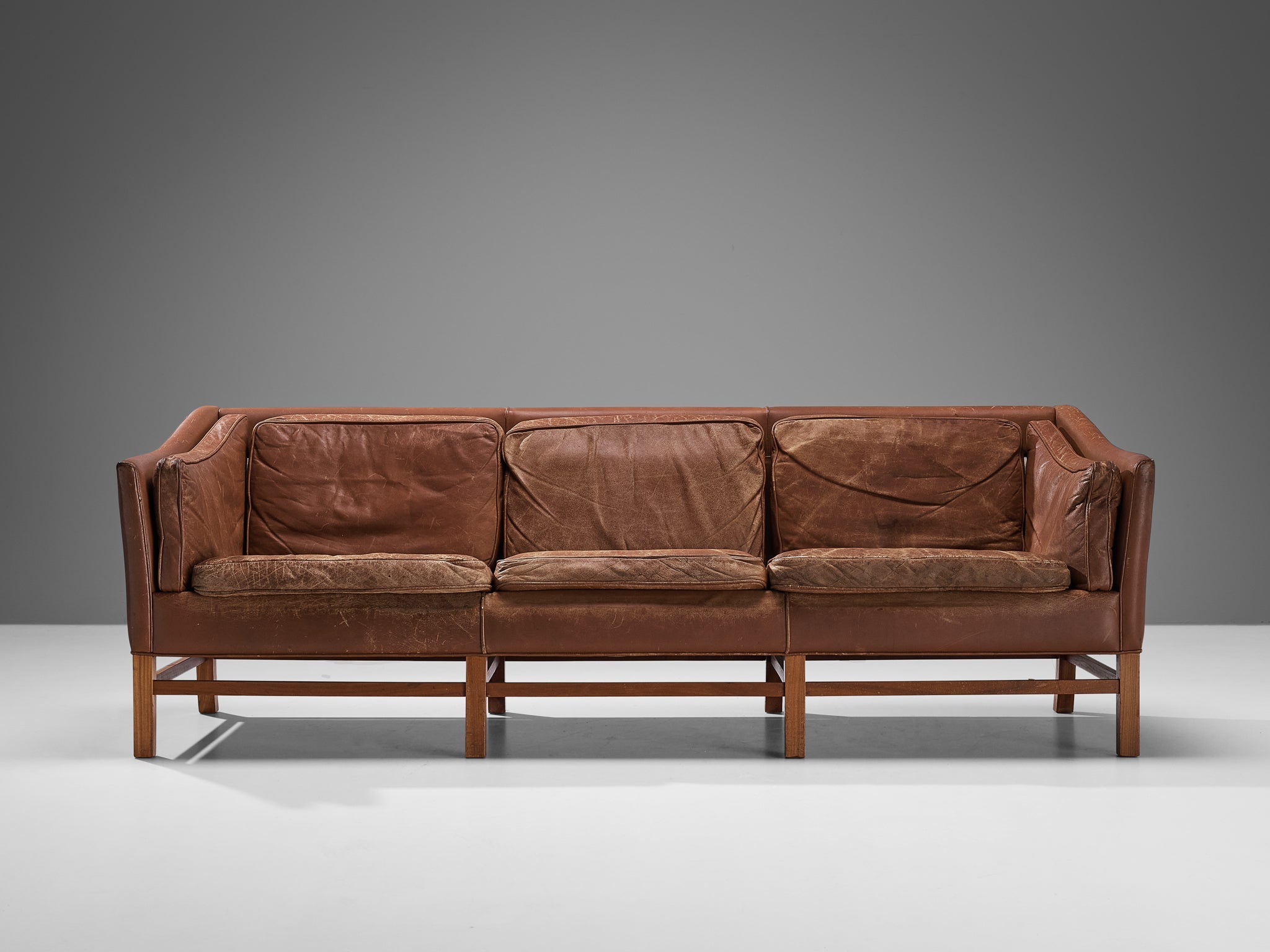 Danish Sofa in Brown Leather and Mahogany seating Morentz