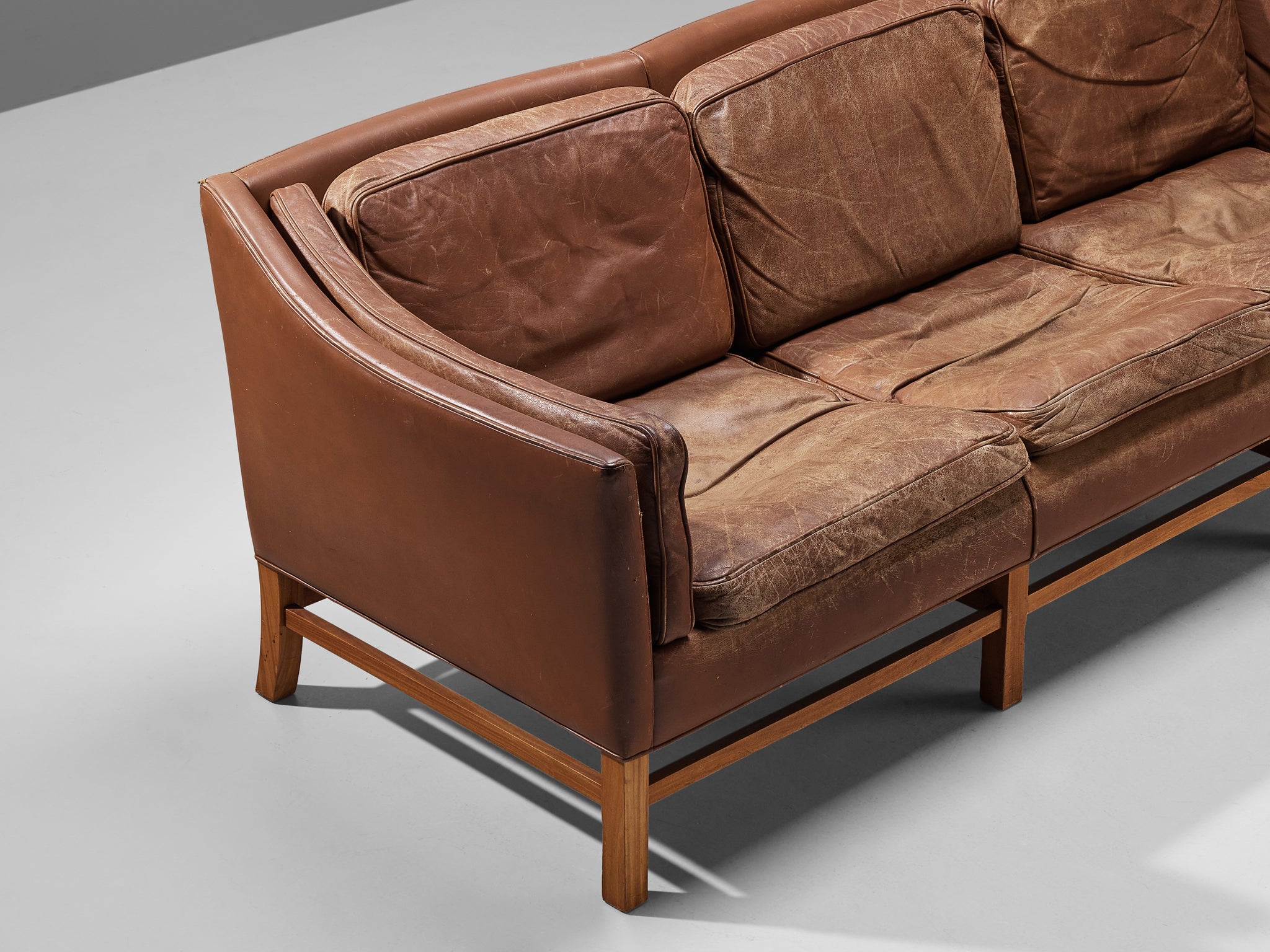 Danish Sofa in Brown Leather and Mahogany seating Morentz