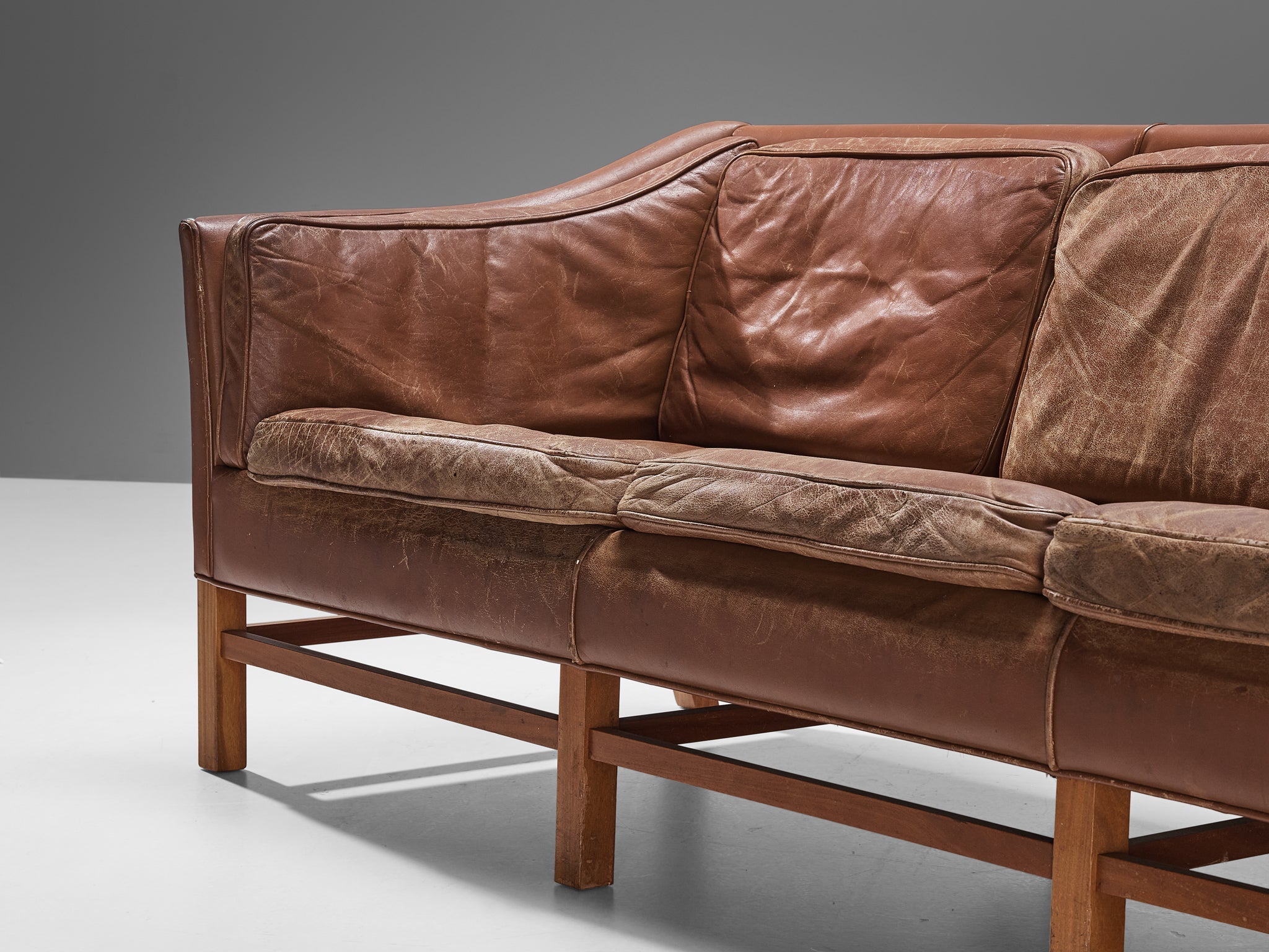 Danish Sofa in Brown Leather and Mahogany seating Morentz