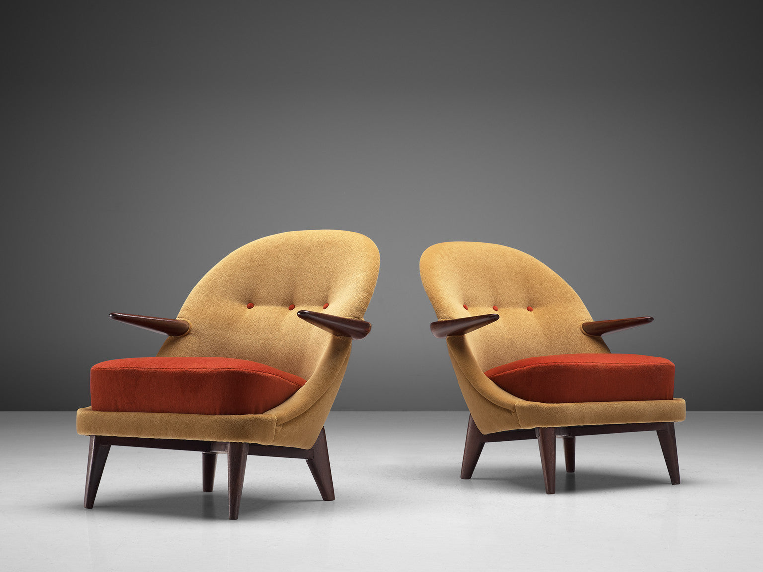 Reupholstered Pair of Danish Modern Lounge Chair in Ocher Yellow and Red Velvet Seating Morentz