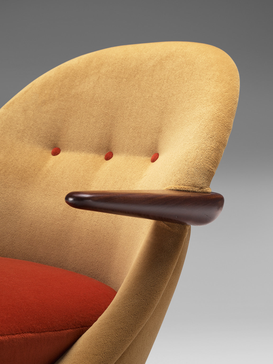 Reupholstered Pair of Danish Modern Lounge Chair in Ocher Yellow and Red Velvet Seating Morentz