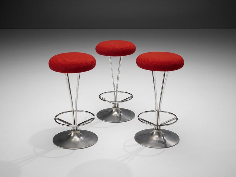 Piet Hein for Fritz Hansen Set of Three Metal Bar Stools with Red Seats