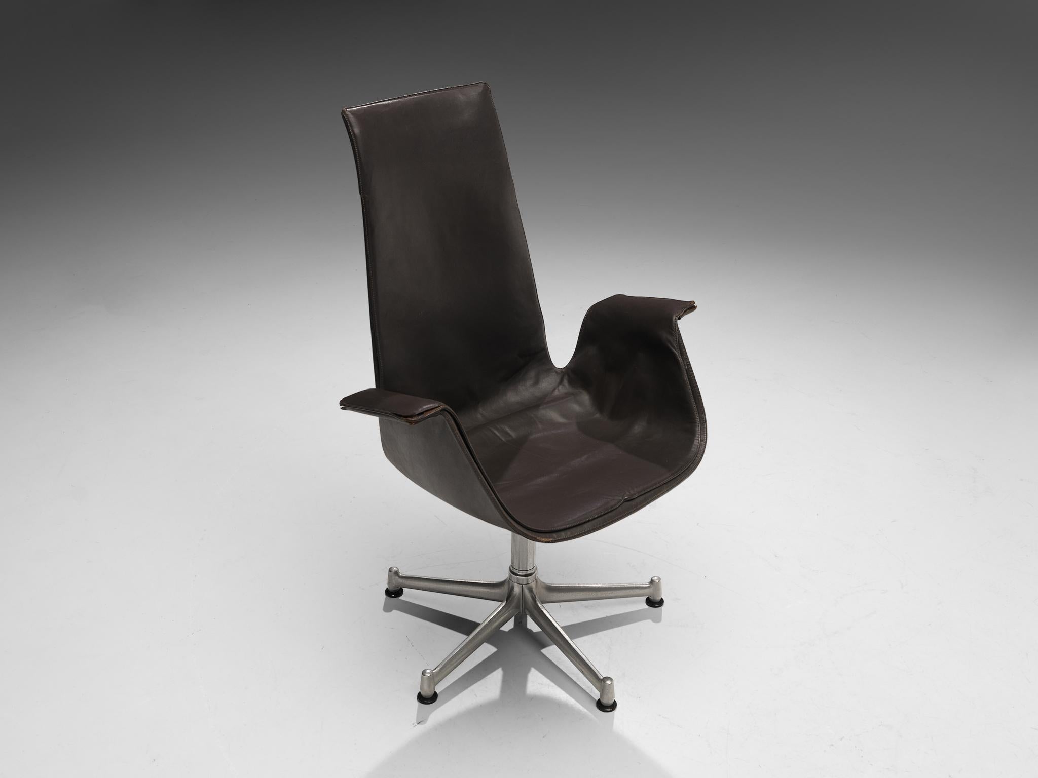 Fabricius & Kastholm Swivel Chair in Dark Brown Leather and Steel seating Morentz