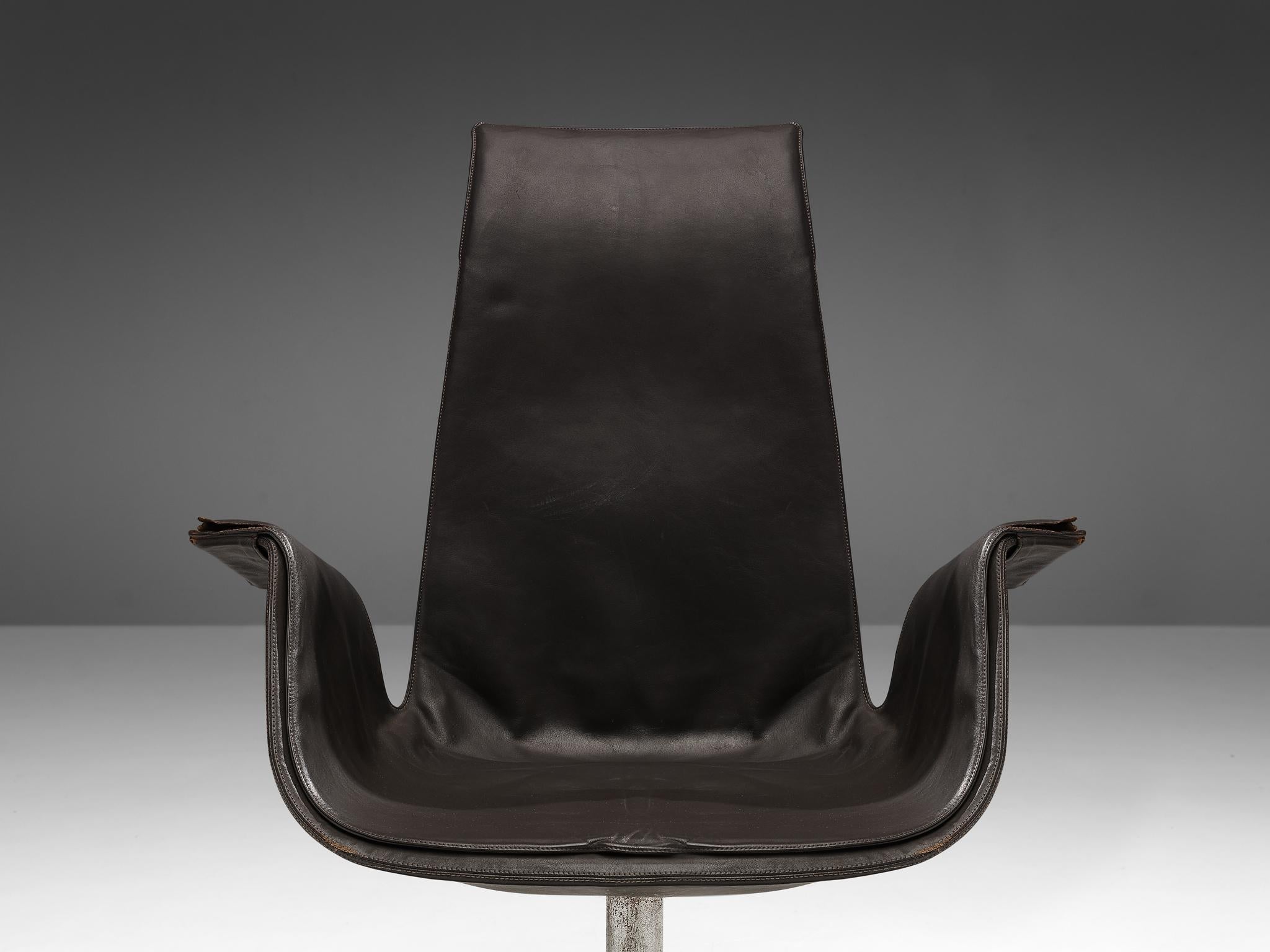 Fabricius & Kastholm Swivel Chair in Dark Brown Leather and Steel seating Morentz