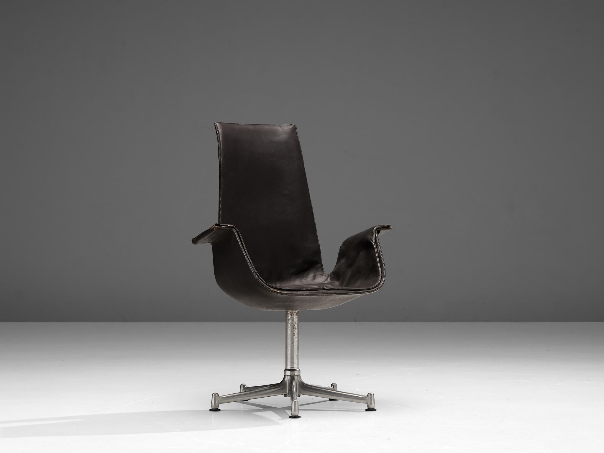 Fabricius & Kastholm Swivel Chair in Dark Brown Leather and Steel seating Morentz