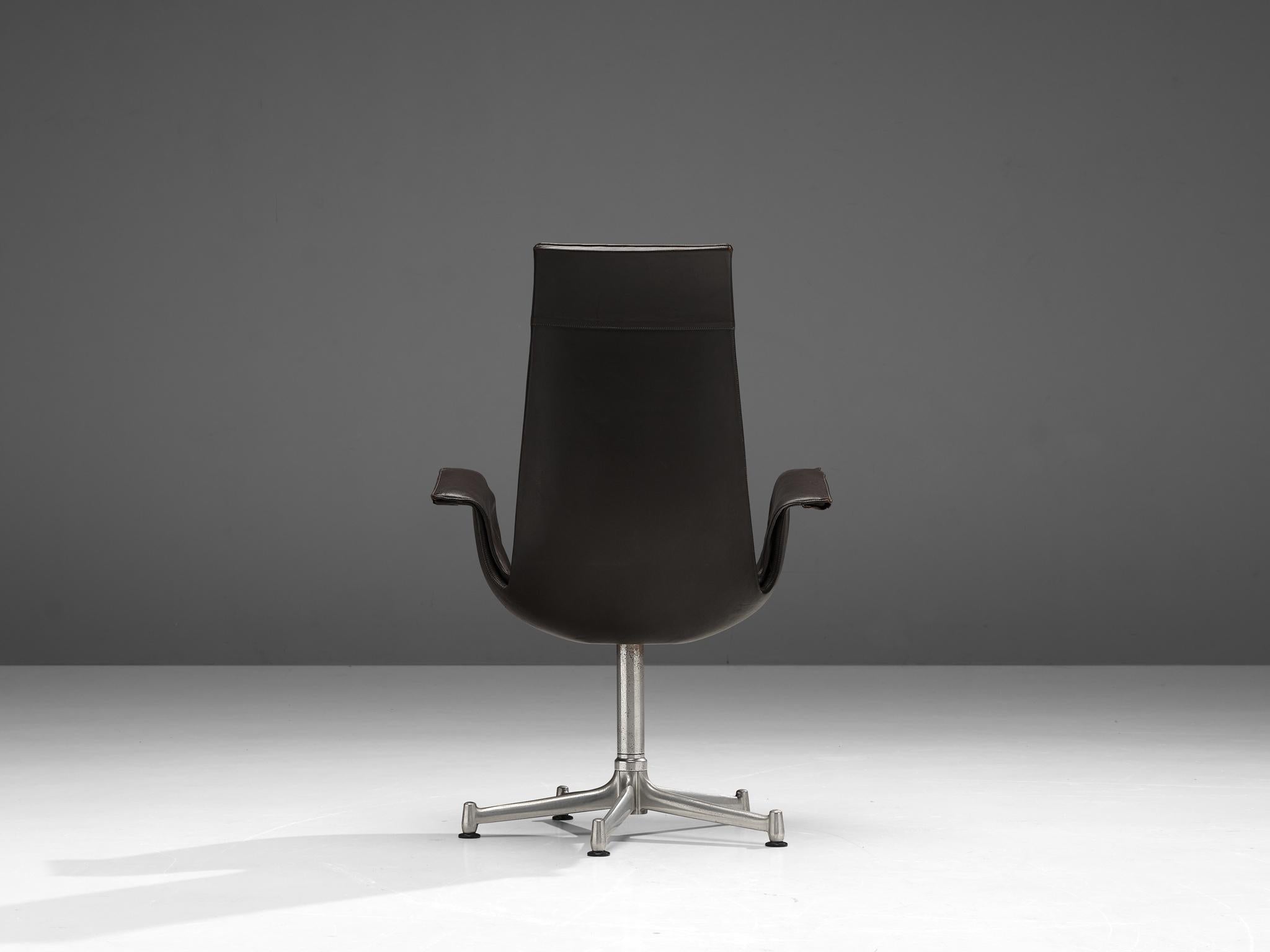Fabricius & Kastholm Swivel Chair in Dark Brown Leather and Steel seating Morentz