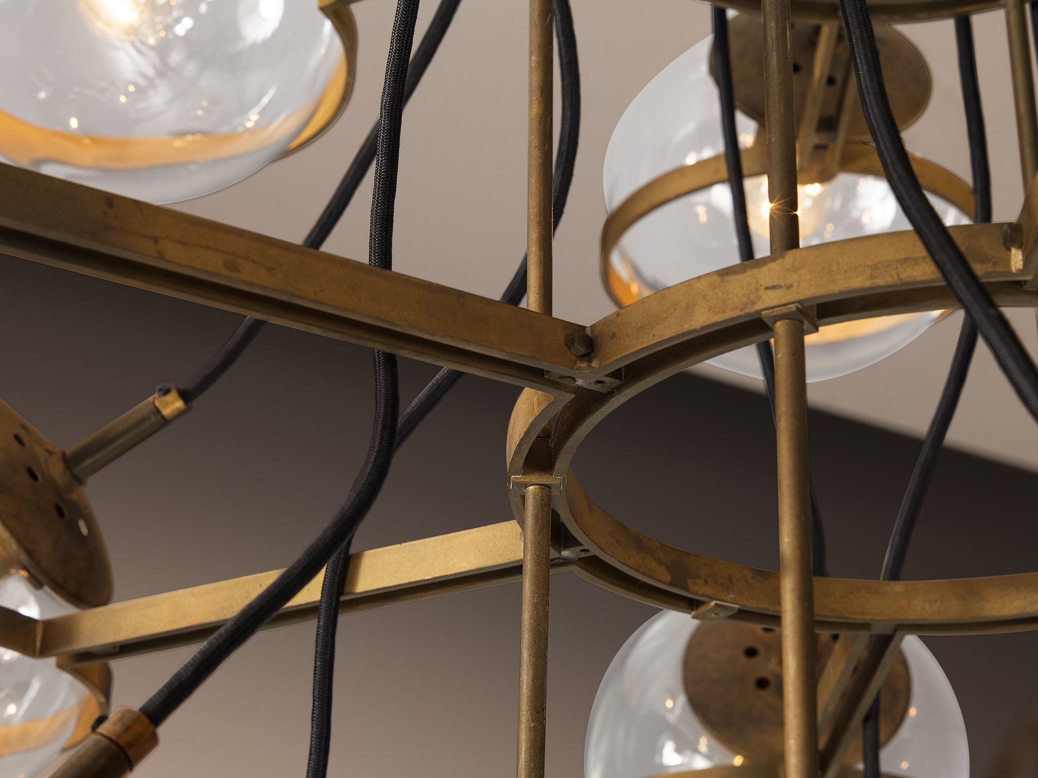 Large French Brass Chandelier with Eighteen Spheres in Glass