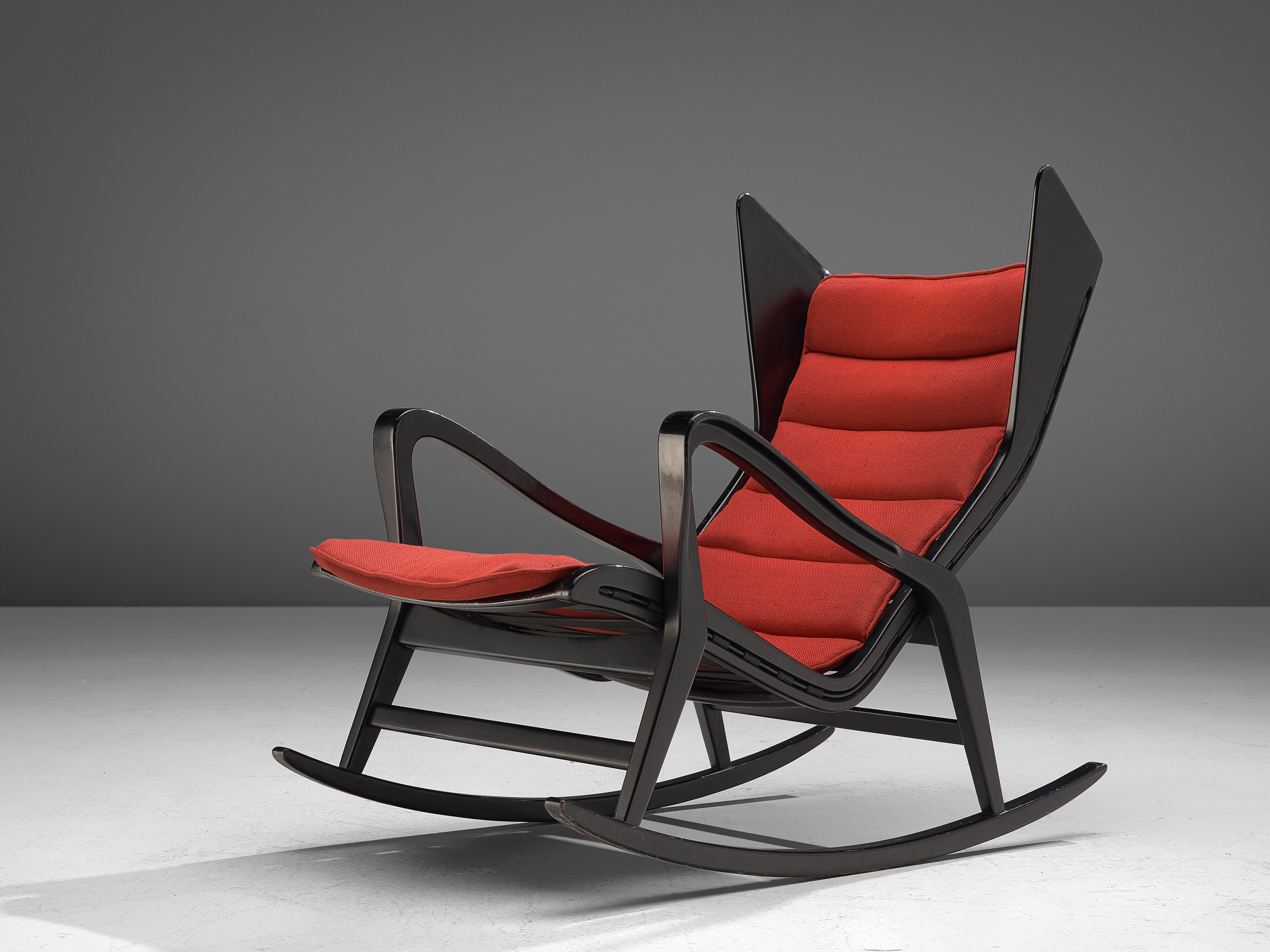 Studio Cassina '572 Rocking' Chair in Ebonized Wood and Red Upholstery seating Morentz