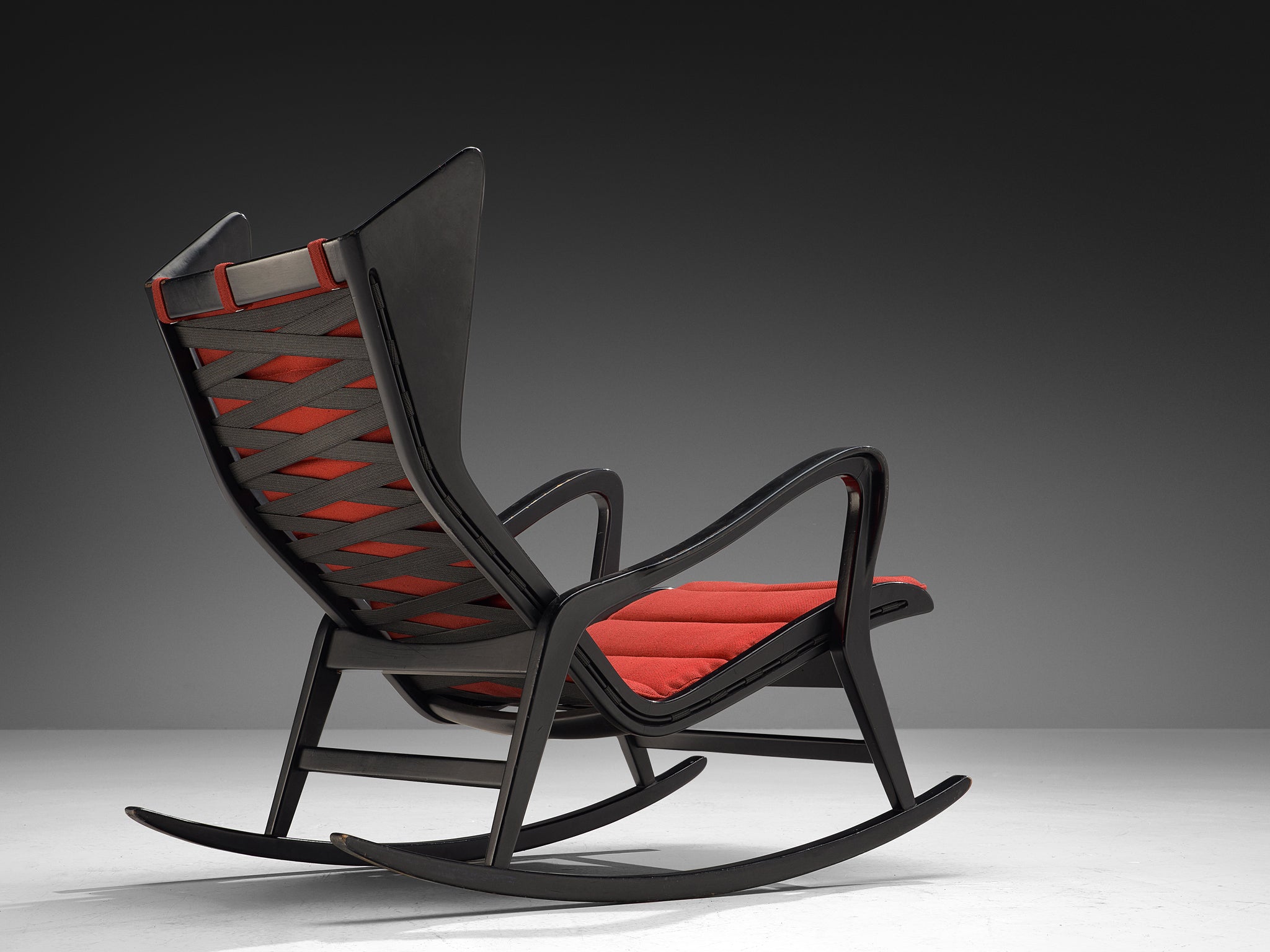 Studio Cassina '572' Rocking Chair in Ebonized Wood and Red Upholstery Seating Morentz
