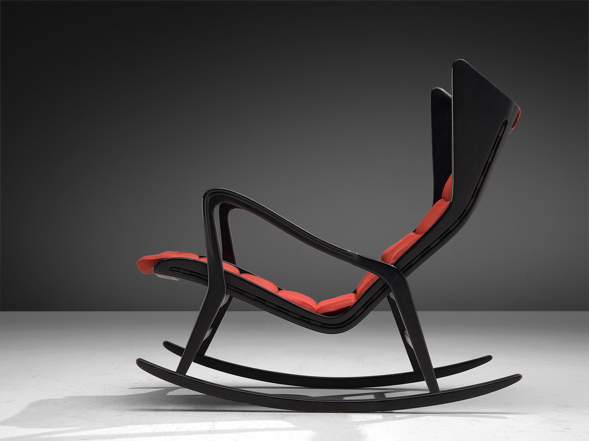 Studio Cassina '572' Rocking Chair in Ebonized Wood and Red Upholstery Seating Morentz