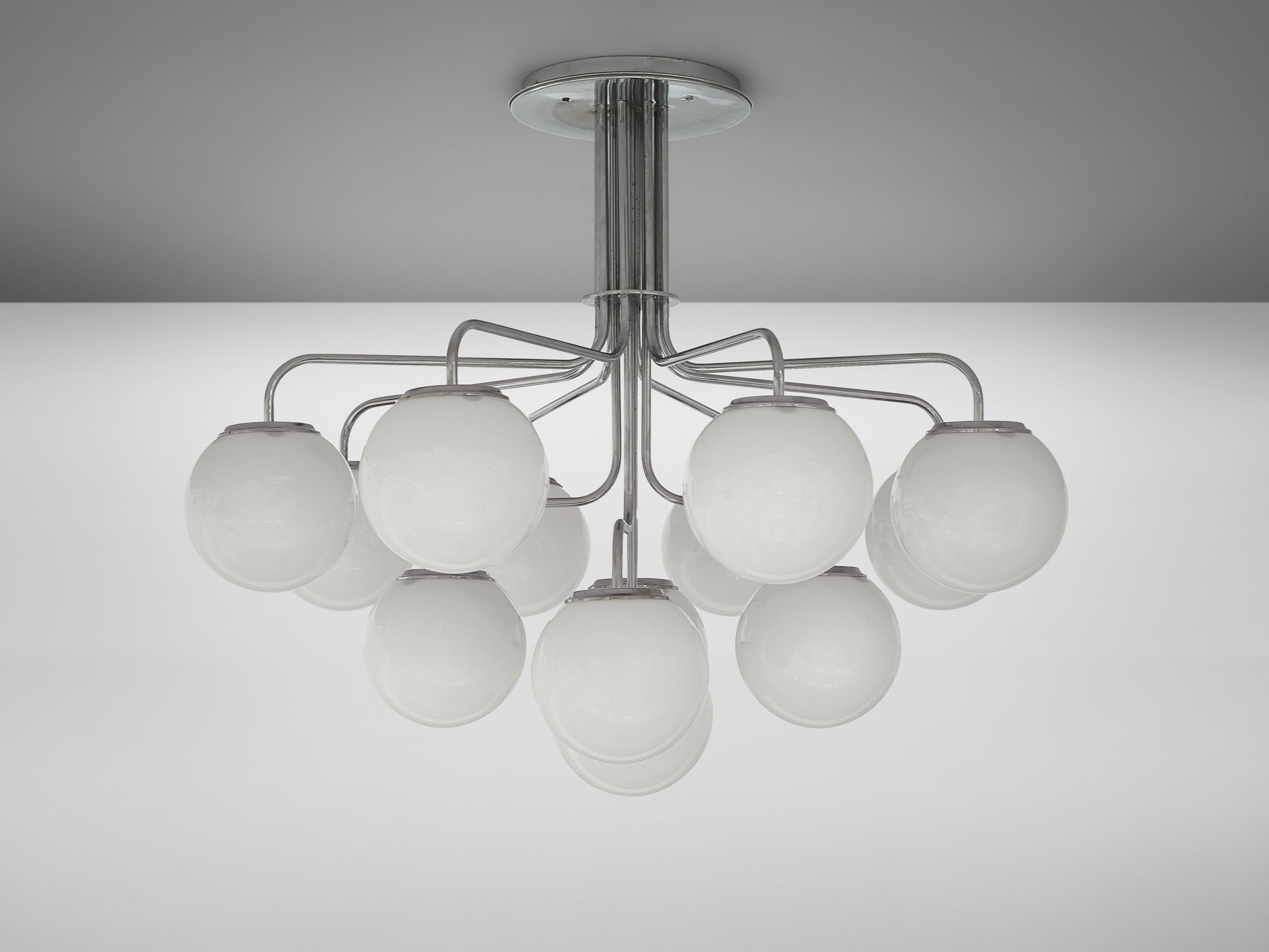 Elegant Italian Chandelier in Steel with Opaque White Glass Spheres Lighting Morentz