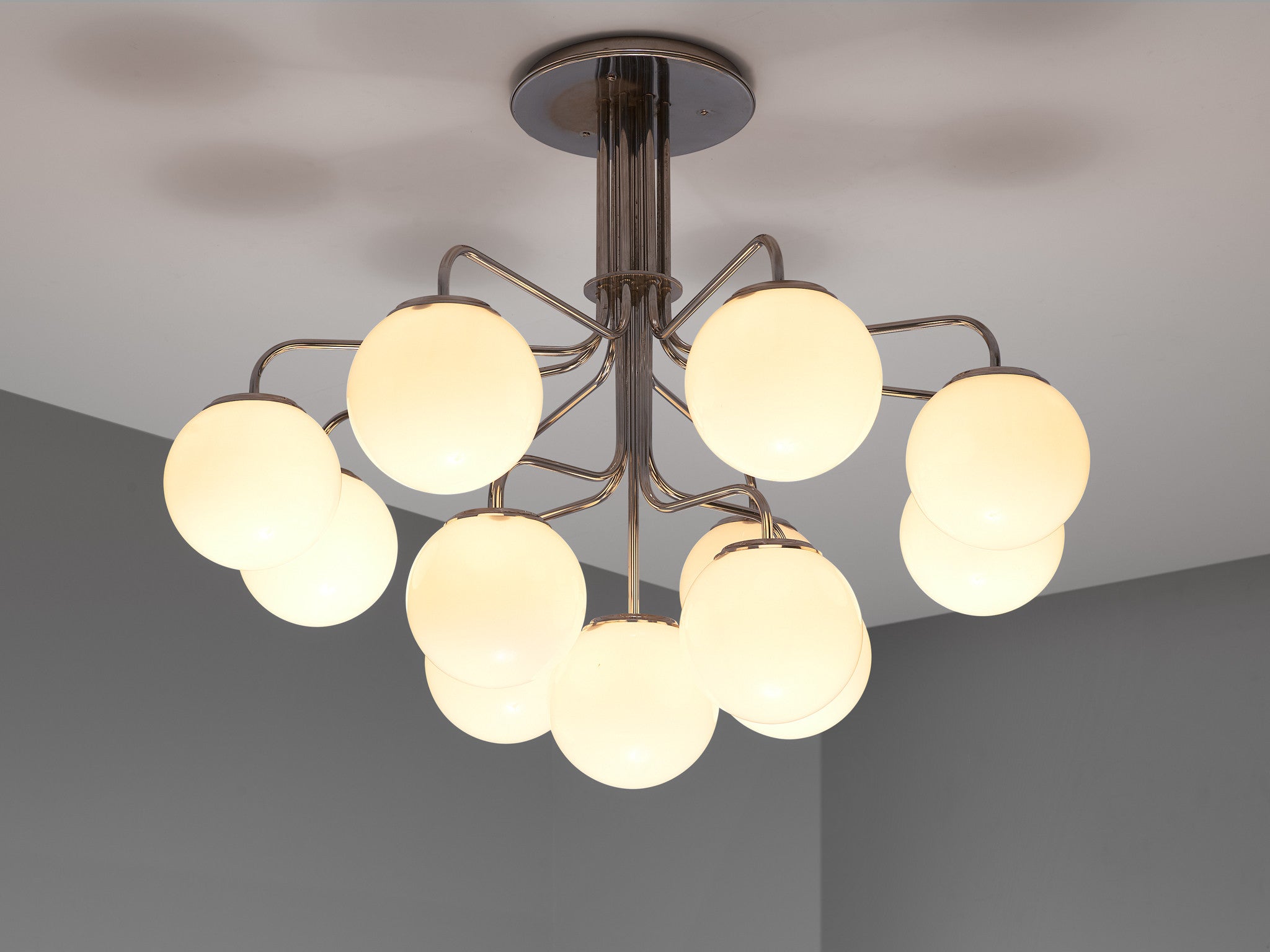 Elegant Italian Chandelier in Steel with Opaque White Glass Spheres Lighting Morentz