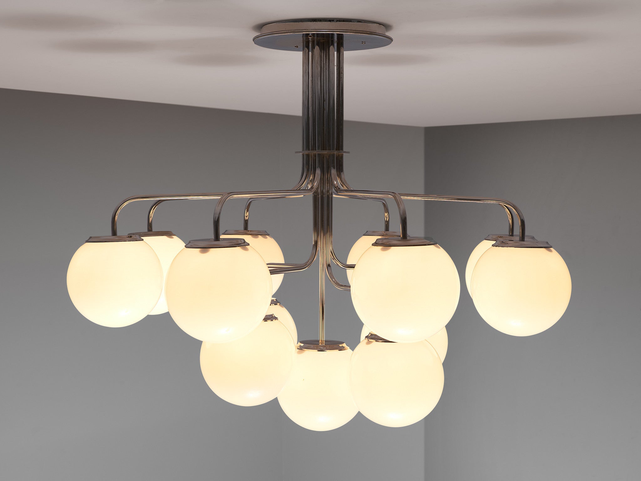 Elegant Italian Chandelier in Steel with Opaque White Glass Spheres Lighting Morentz