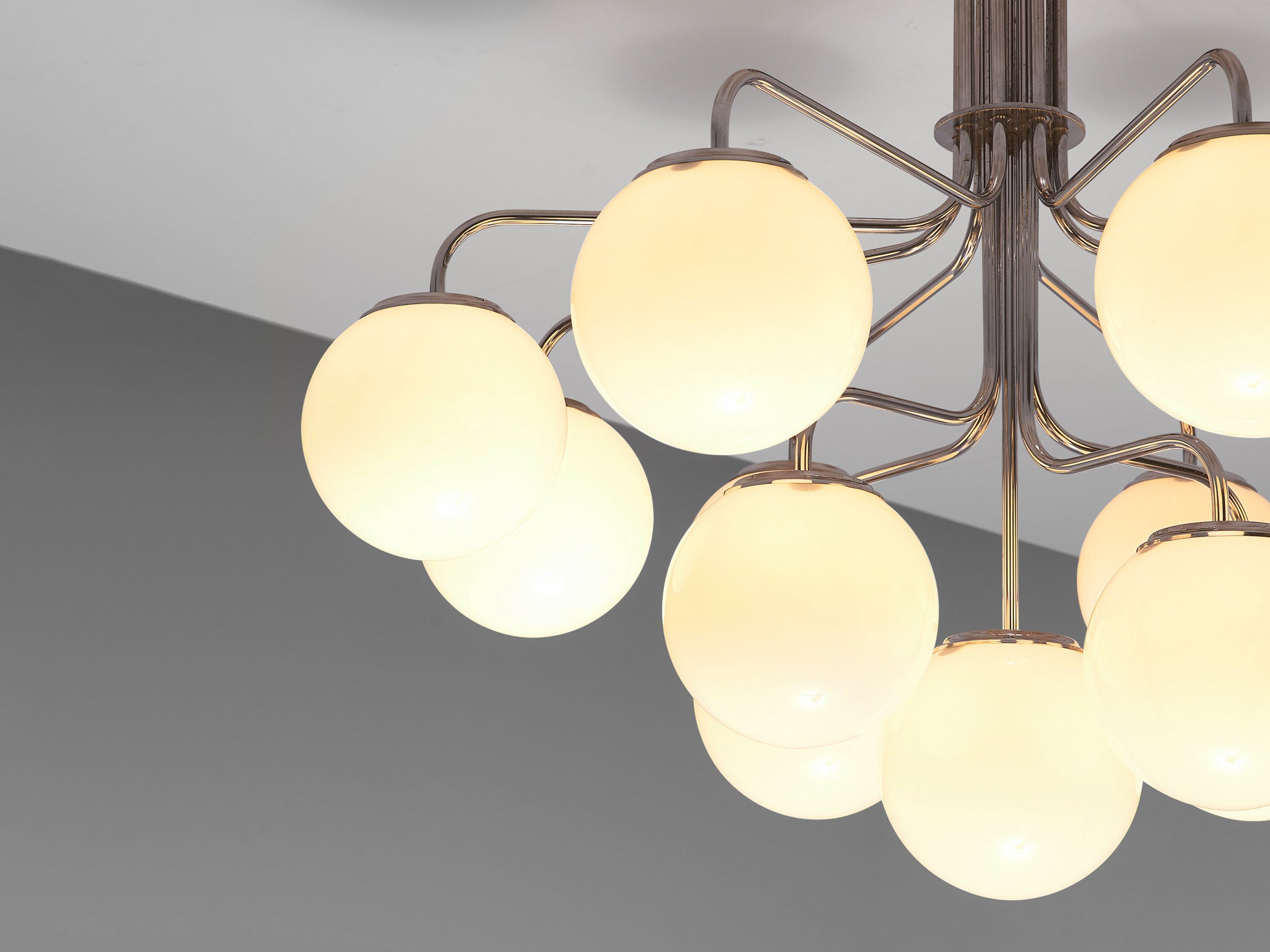 Elegant Italian Chandelier in Steel with Opaque White Glass Spheres Lighting Morentz