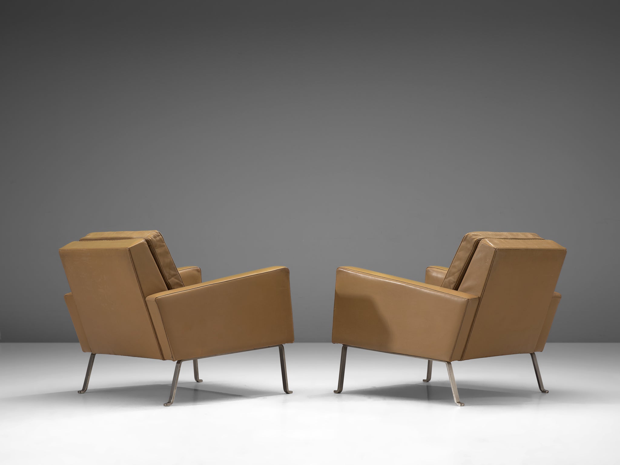 Roland Ranier Pair of Easy Chairs in Beige Leather and Metal Seating Morentz