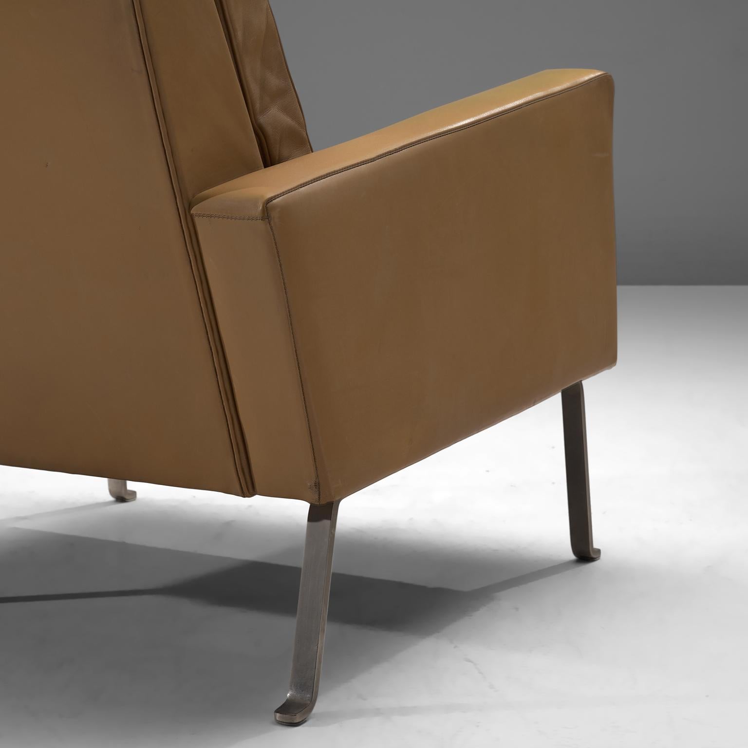 Roland Ranier Easy Chair in Beige Leather and Metal seating Morentz