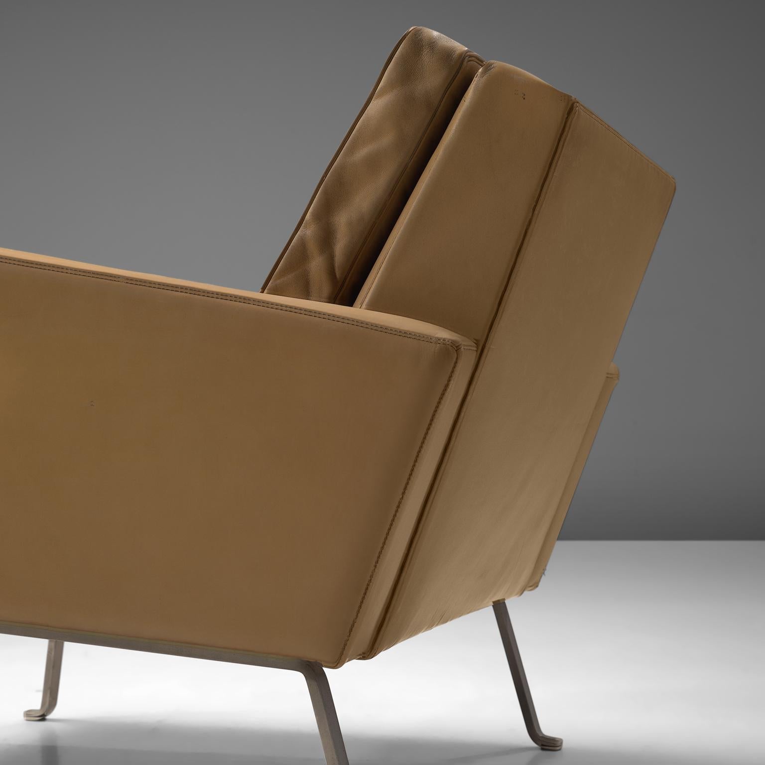 Roland Ranier Easy Chair in Beige Leather and Metal seating Morentz