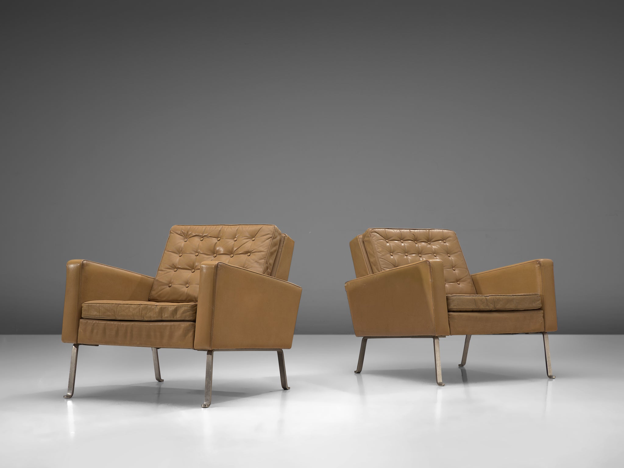Roland Ranier Pair of Easy Chairs in Beige Leather and Metal Seating Morentz
