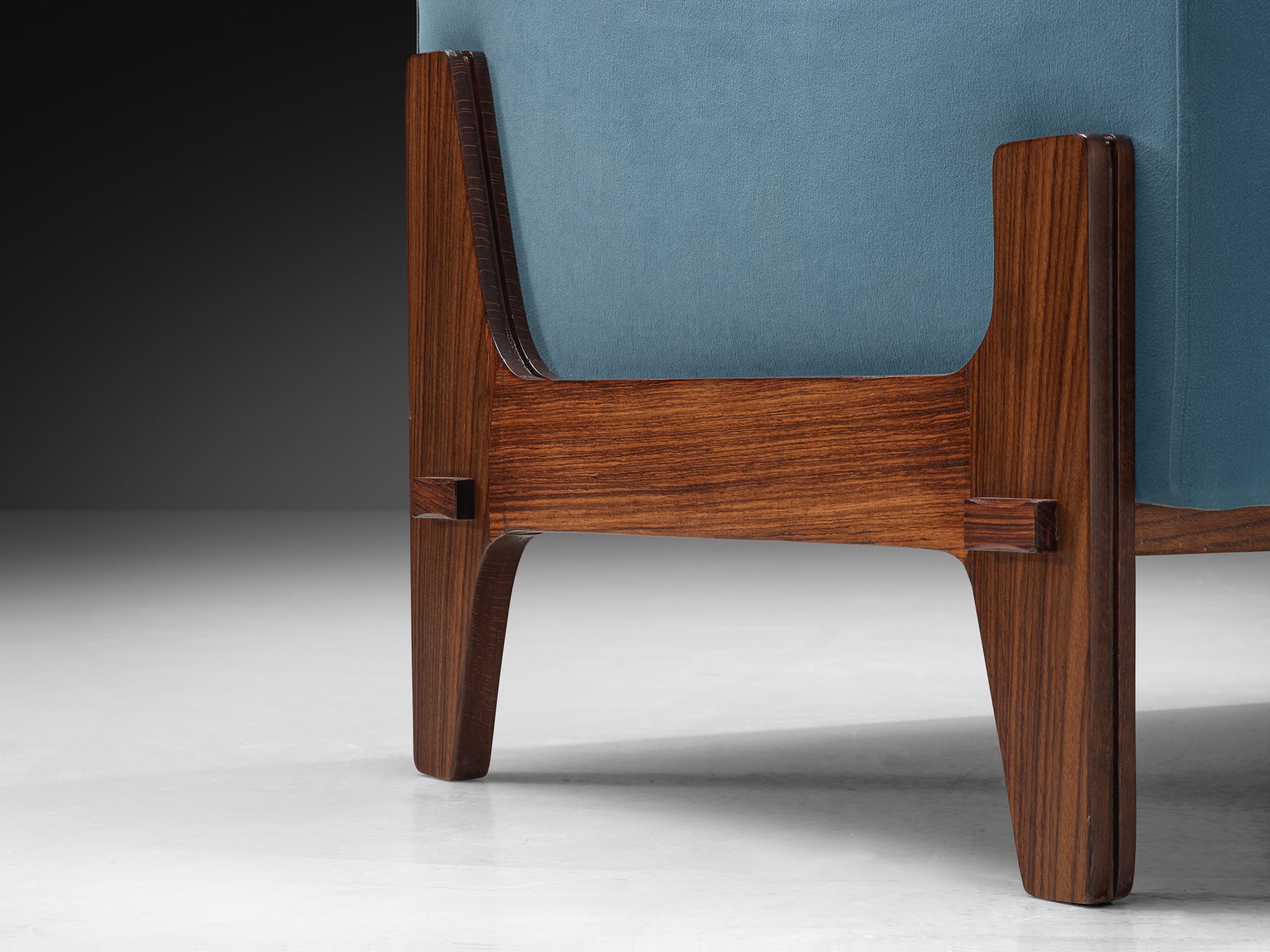 Mid-Century Italian Pair of Lounge Chairs in Sky Blue Upholstery and Wood Seating Morentz