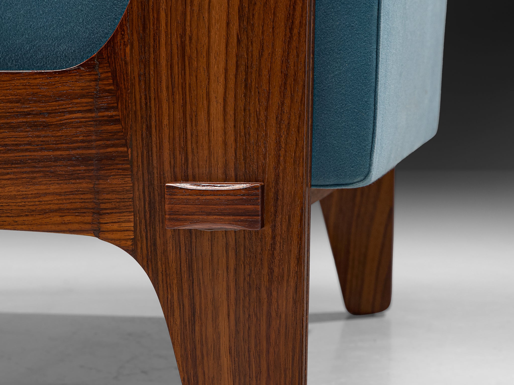 Mid-Century Italian Pair of Lounge Chairs in Sky Blue Upholstery and Wood Seating Morentz