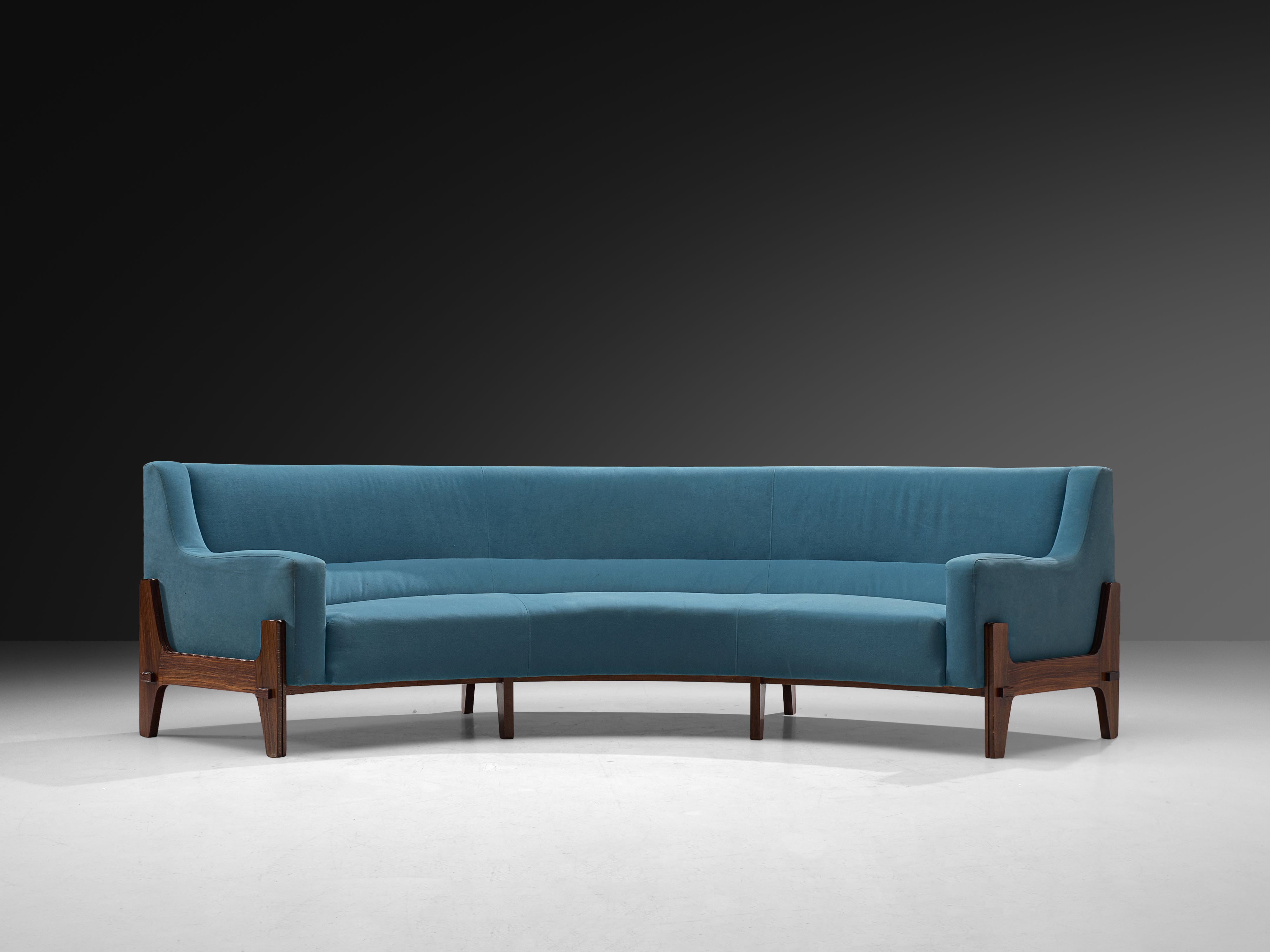 Mid-Century Grand Italian Curved Sofa in Sky Blue Upholstery and Wood 300cm Seating Morentz