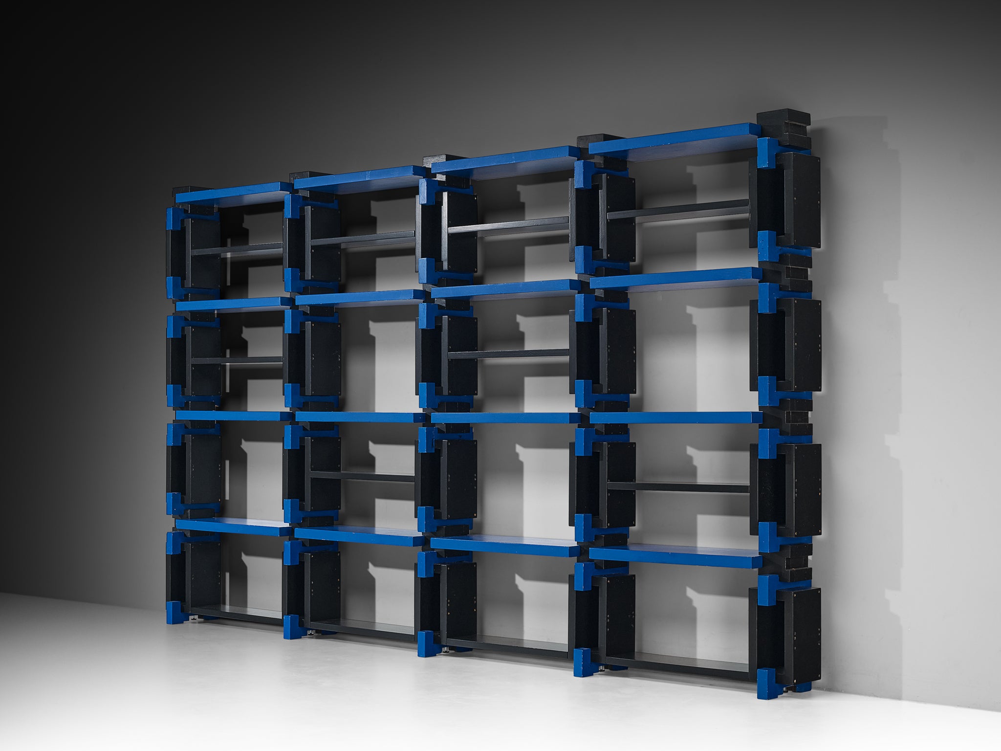 Italian Postmodern Architectural Wall Unit in Lacquered Black and Blue Wood Case pieces and storage cabinets Morentz