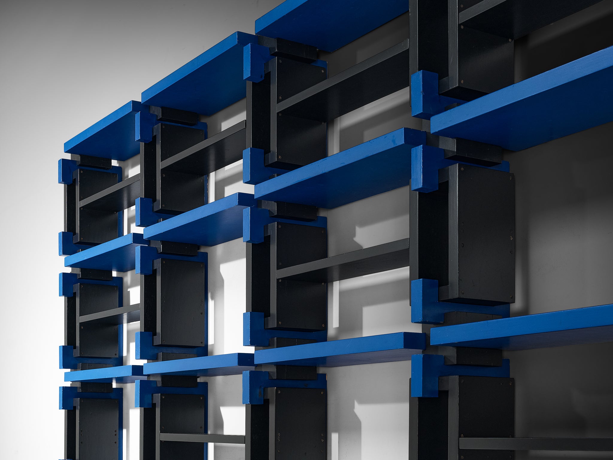 Italian Postmodern Architectural Wall Unit in Lacquered Black and Blue Wood Case pieces and storage cabinets Morentz