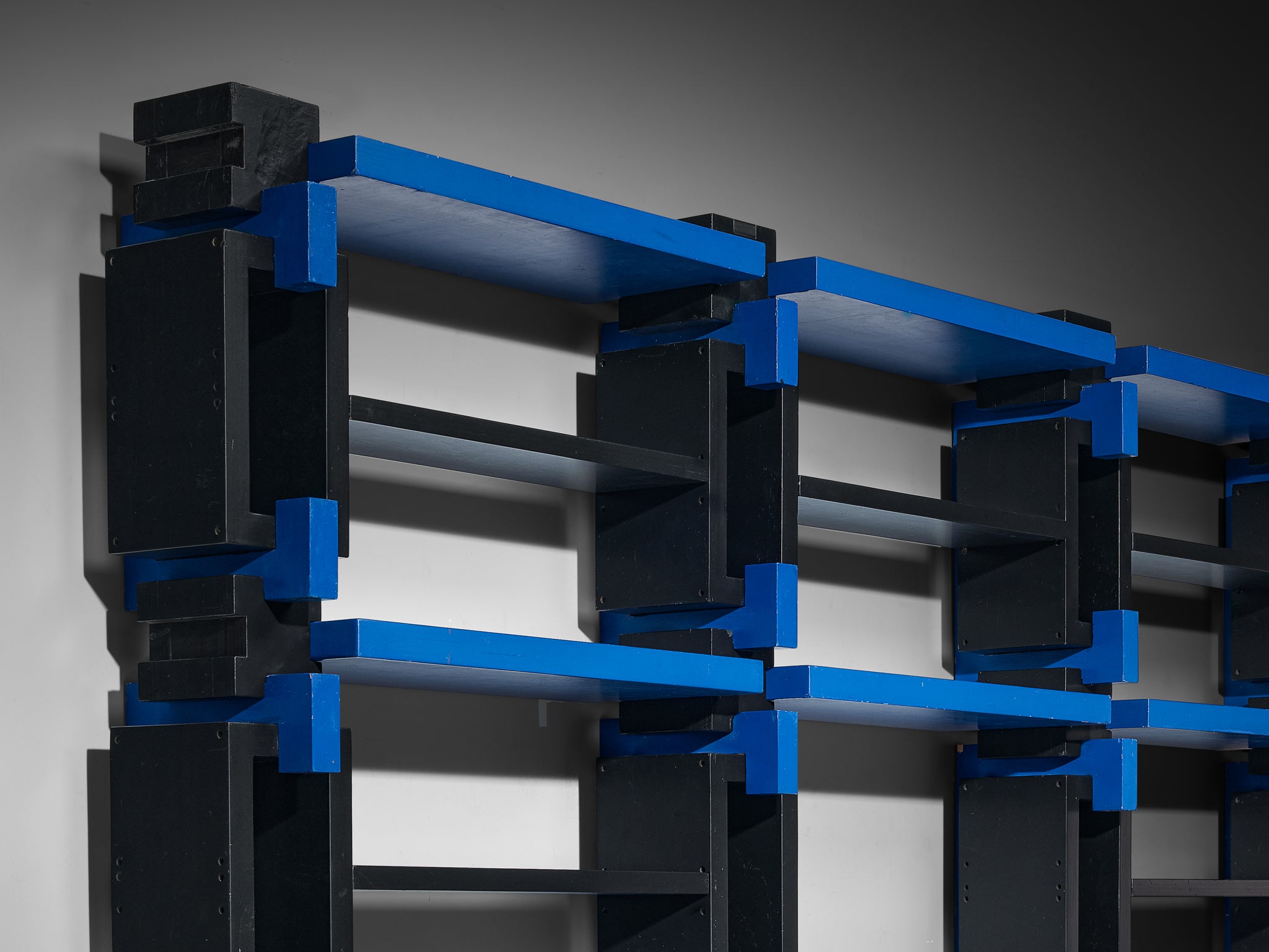 Italian Postmodern Architectural Wall Unit in Lacquered Black and Blue Wood Case pieces and storage cabinets Morentz