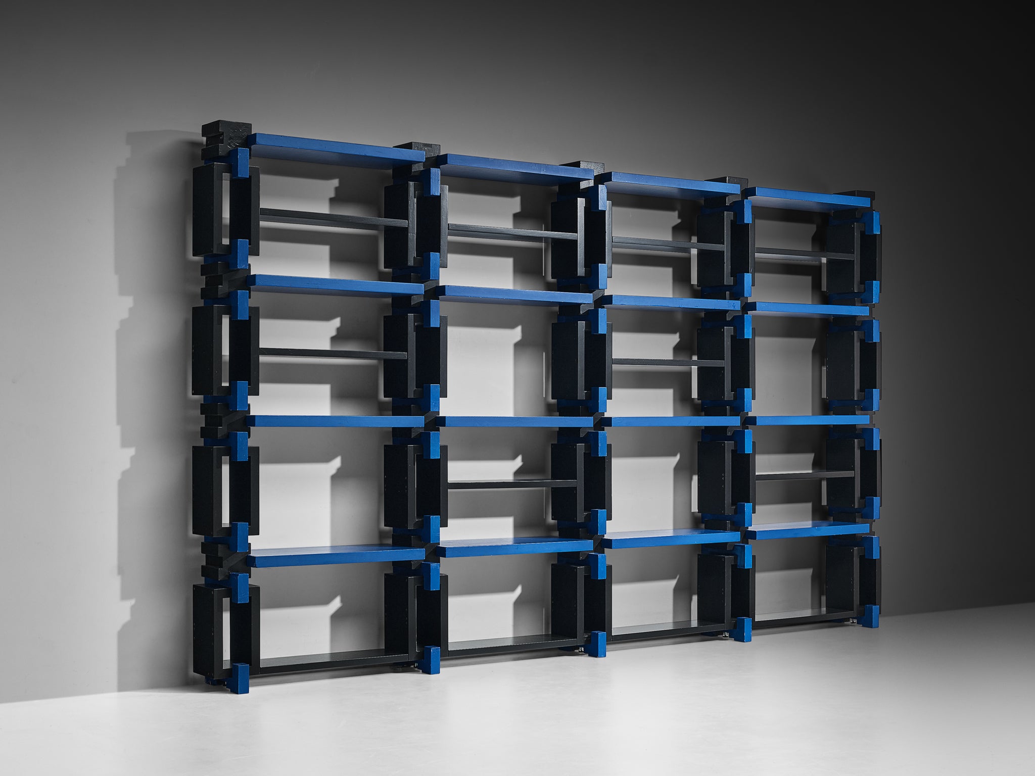 Italian Postmodern Architectural Wall Unit in Lacquered Black and Blue Wood Case pieces and storage cabinets Morentz