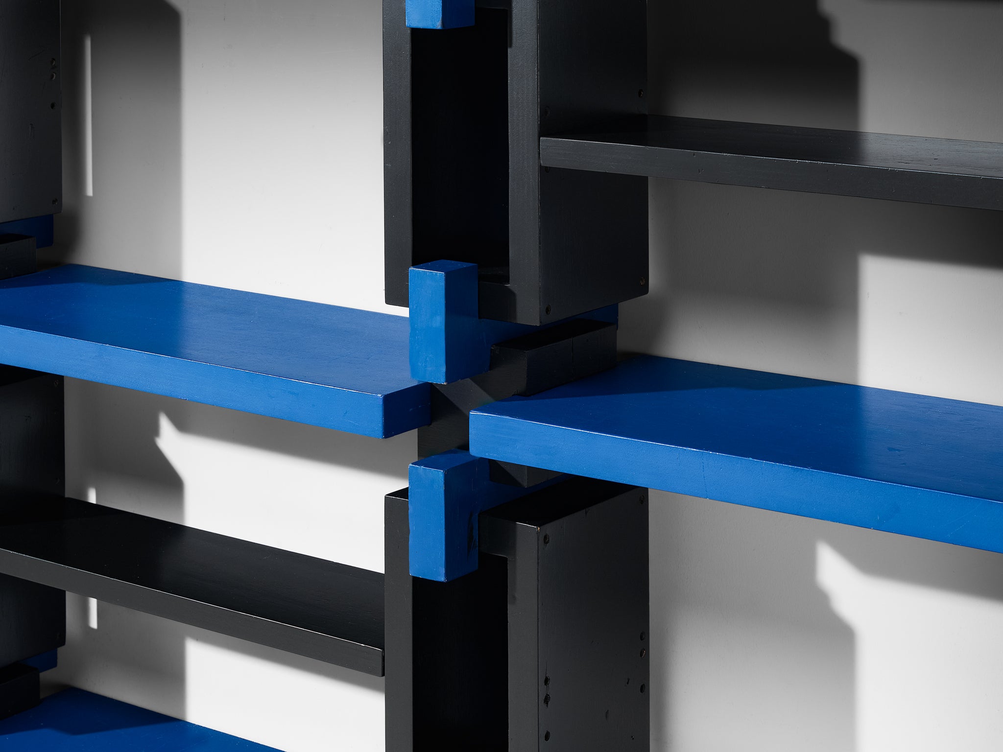 Italian Postmodern Architectural Wall Unit in Lacquered Black and Blue Wood Case pieces and storage cabinets Morentz