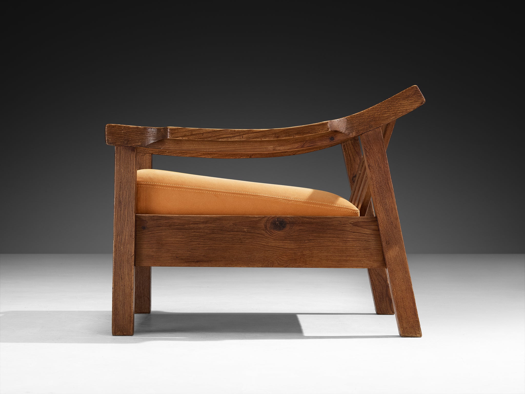 Brutalist Spanish Lounge Chair in Solid Oak and Warm Ochre Suede Seating Morentz