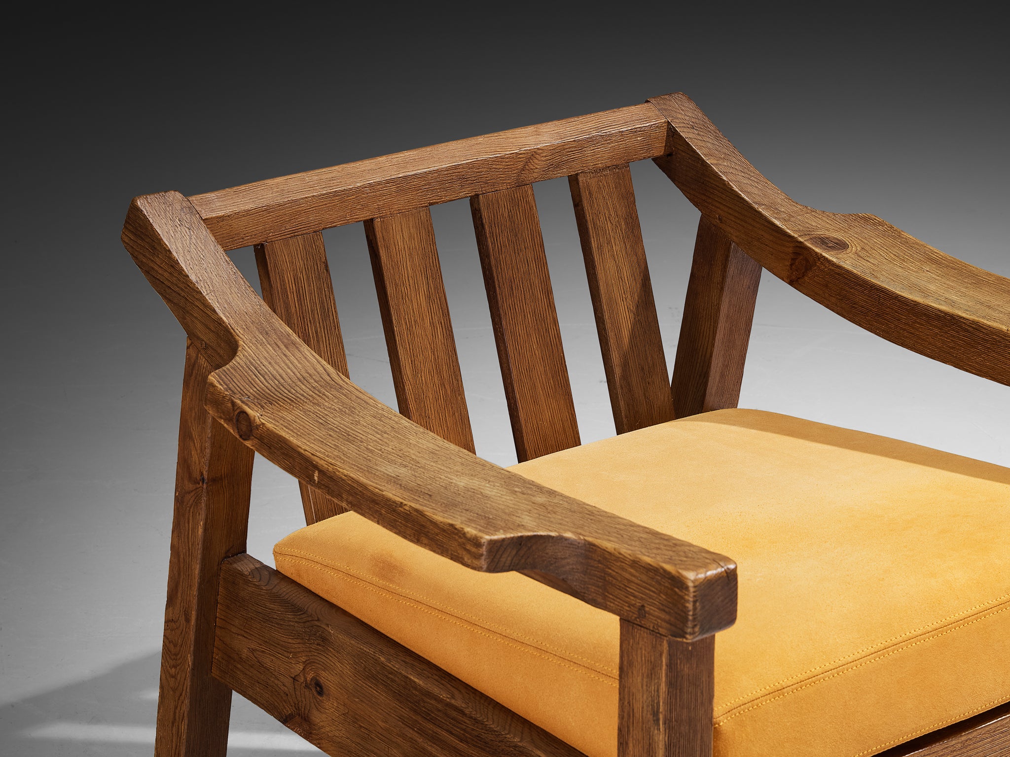 Brutalist Spanish Lounge Chair in Solid Oak and Warm Ochre Suede Seating Morentz