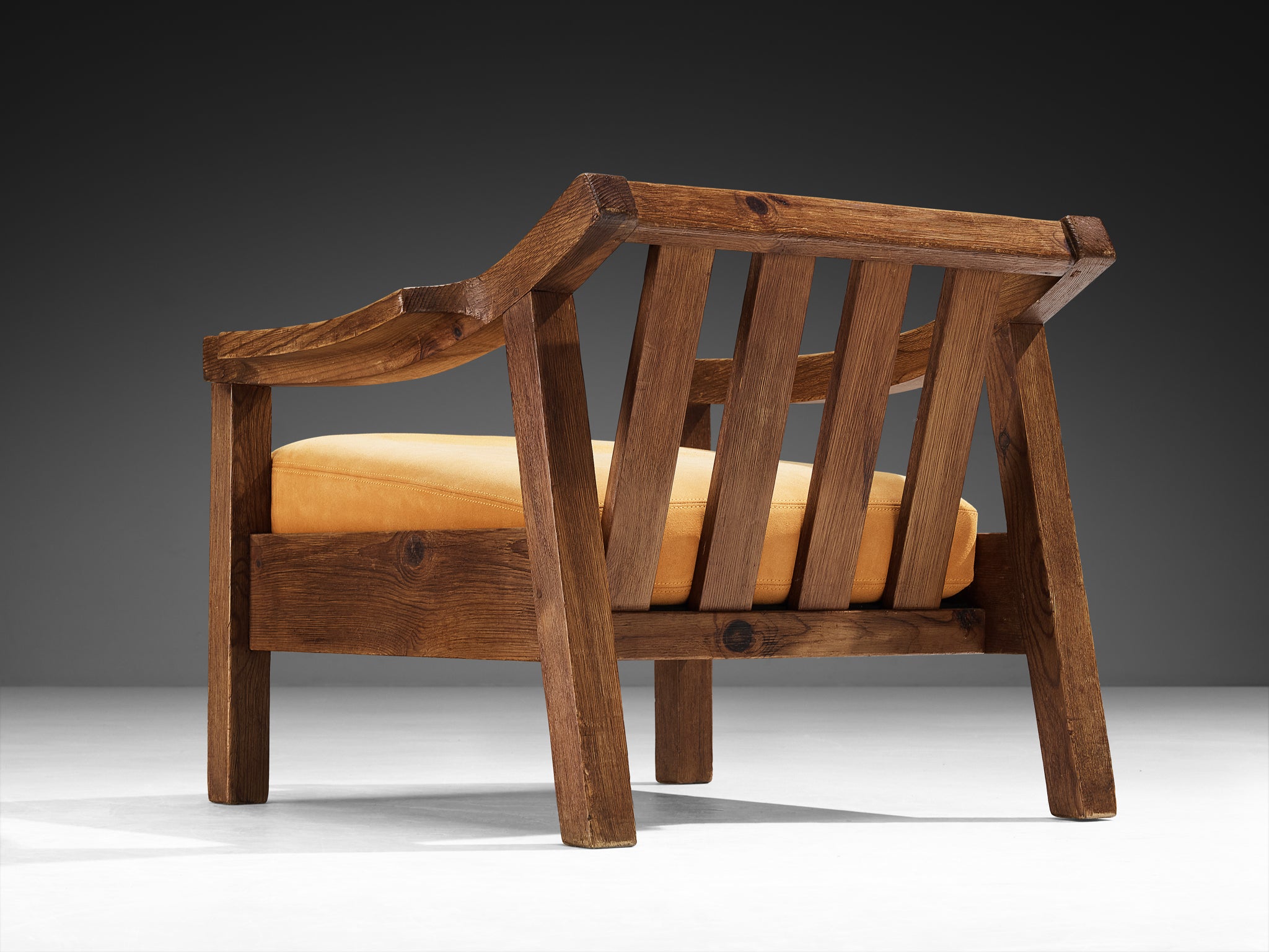 Brutalist Spanish Lounge Chair in Solid Oak and Warm Ochre Suede Seating Morentz