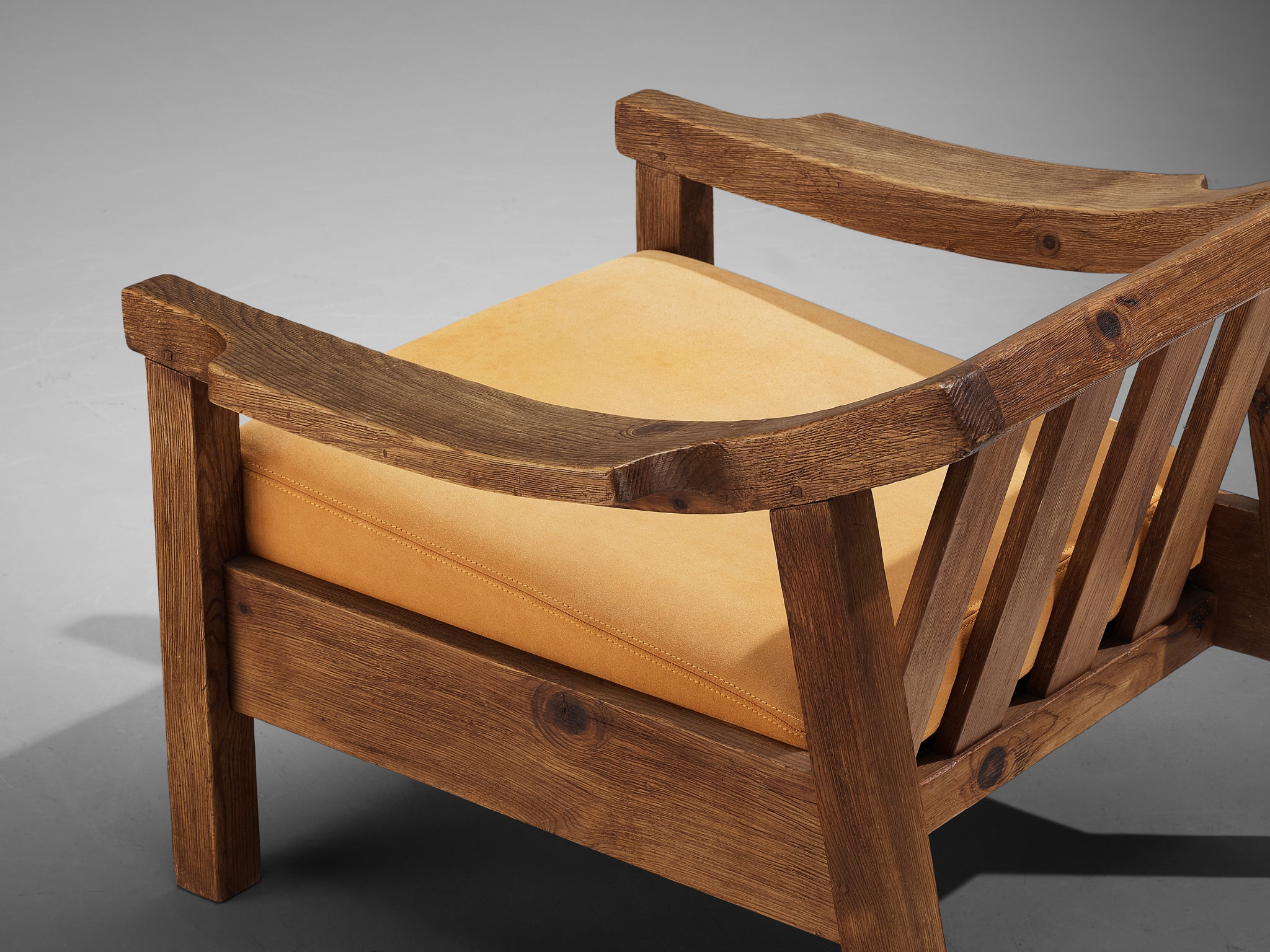 Brutalist Spanish Lounge Chair in Solid Oak and Warm Ochre Suede Seating Morentz