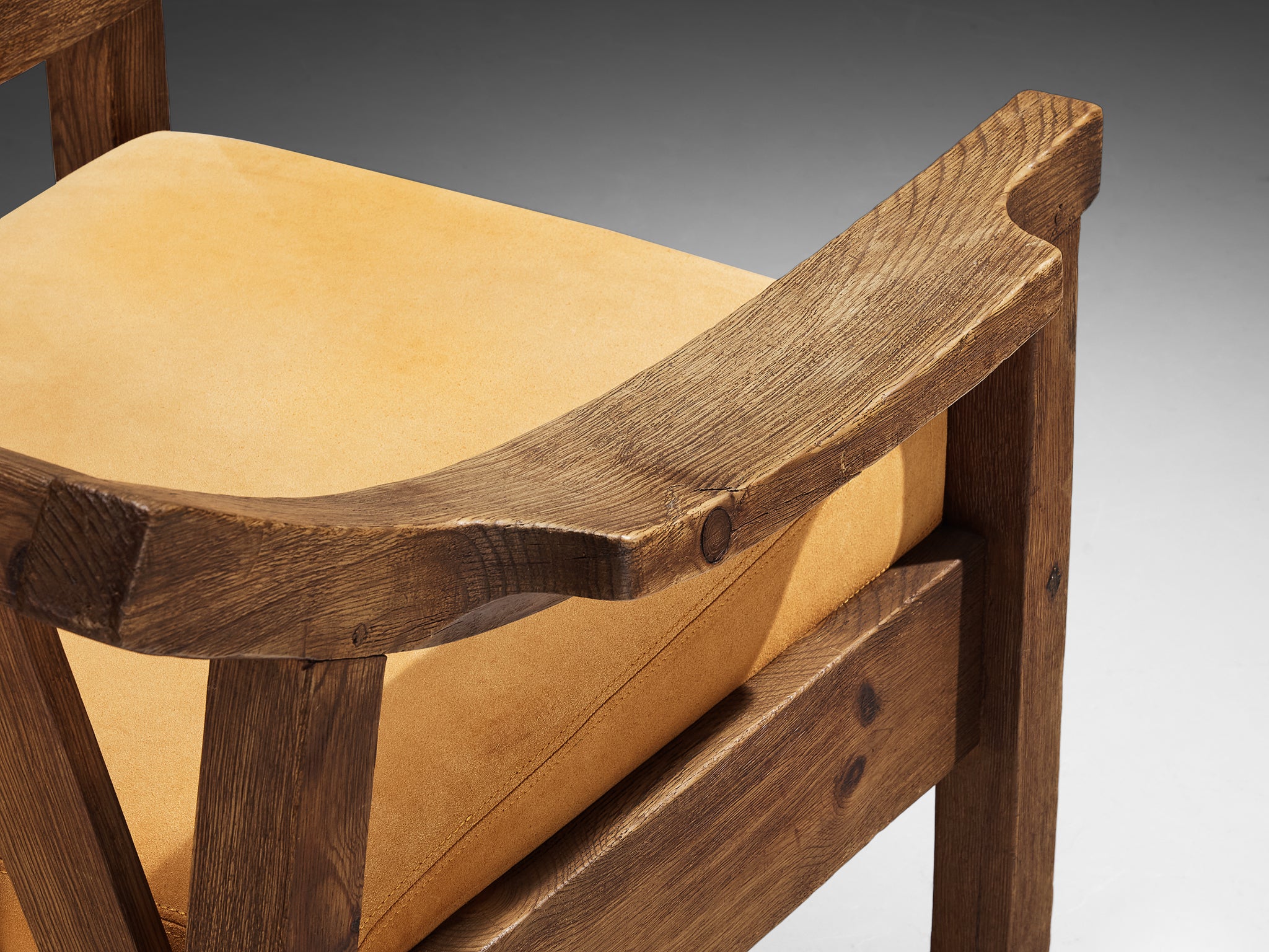 Brutalist Spanish Lounge Chair in Solid Oak and Warm Ochre Suede Seating Morentz