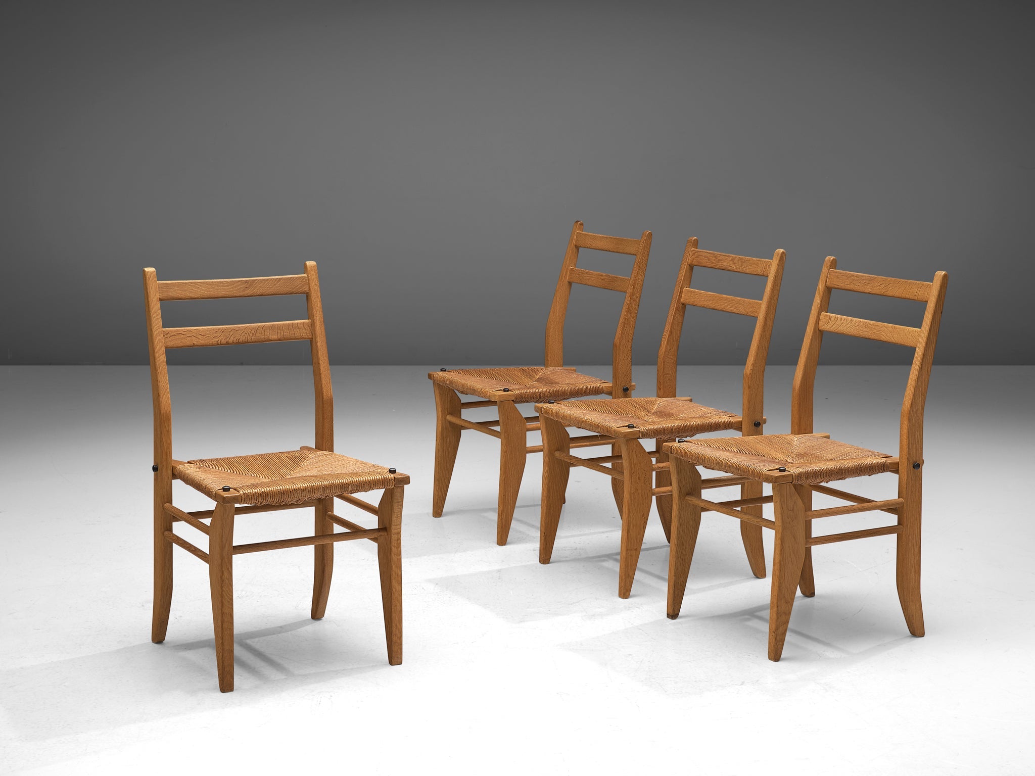 Guillerme & Chambron Set of Four Dining Chairs in Oak with Rush Seats seating Morentz