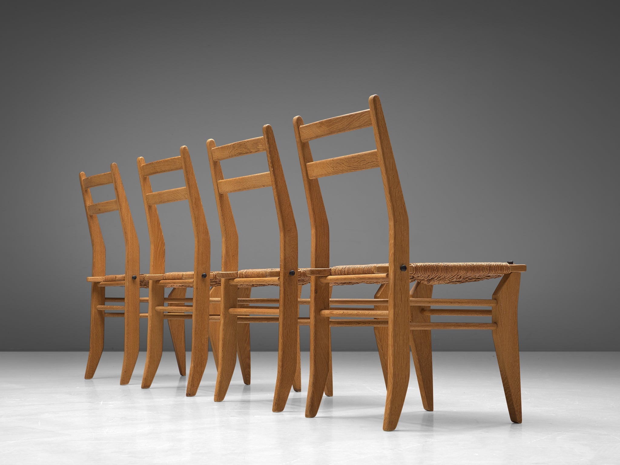 Guillerme & Chambron Set of Four Dining Chairs in Oak with Rush Seats seating Morentz