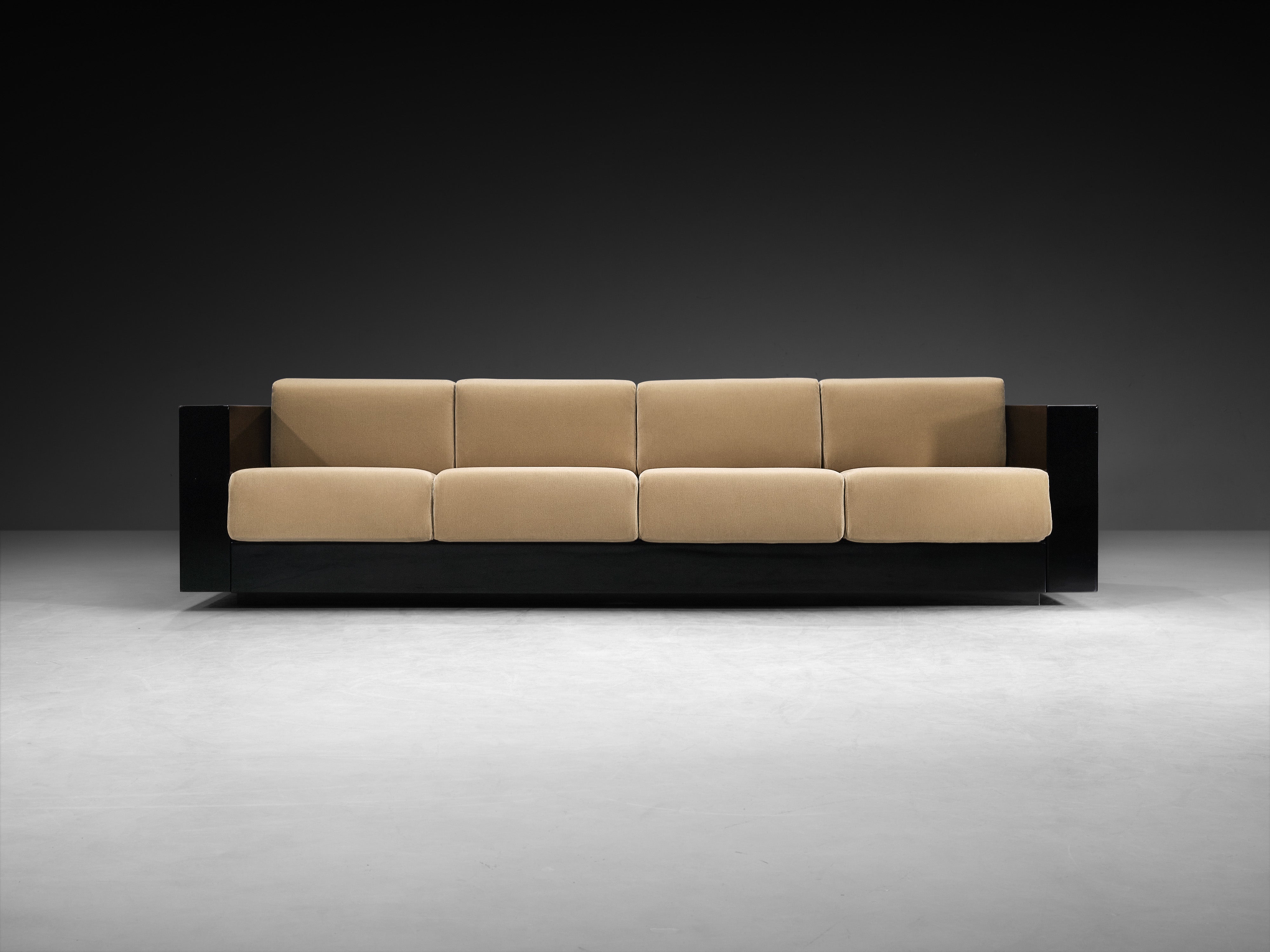 Massimo and Lella Vignelli for Poltronova 'Saratoga' Four-Seat Sofa Reupholstered in Beige Velvet Seating Morentz