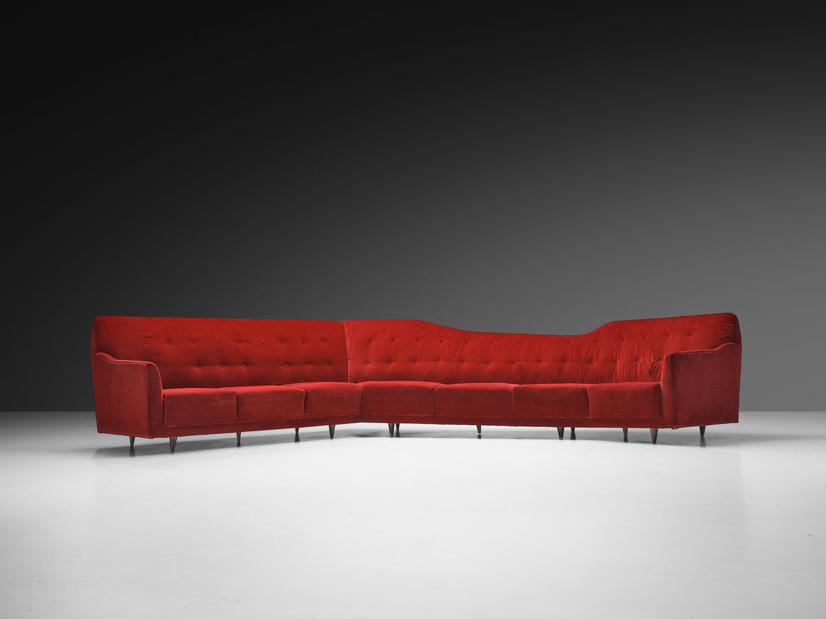Italian 1950s Corner Sofa in Bright Red Velvet Seating Morentz